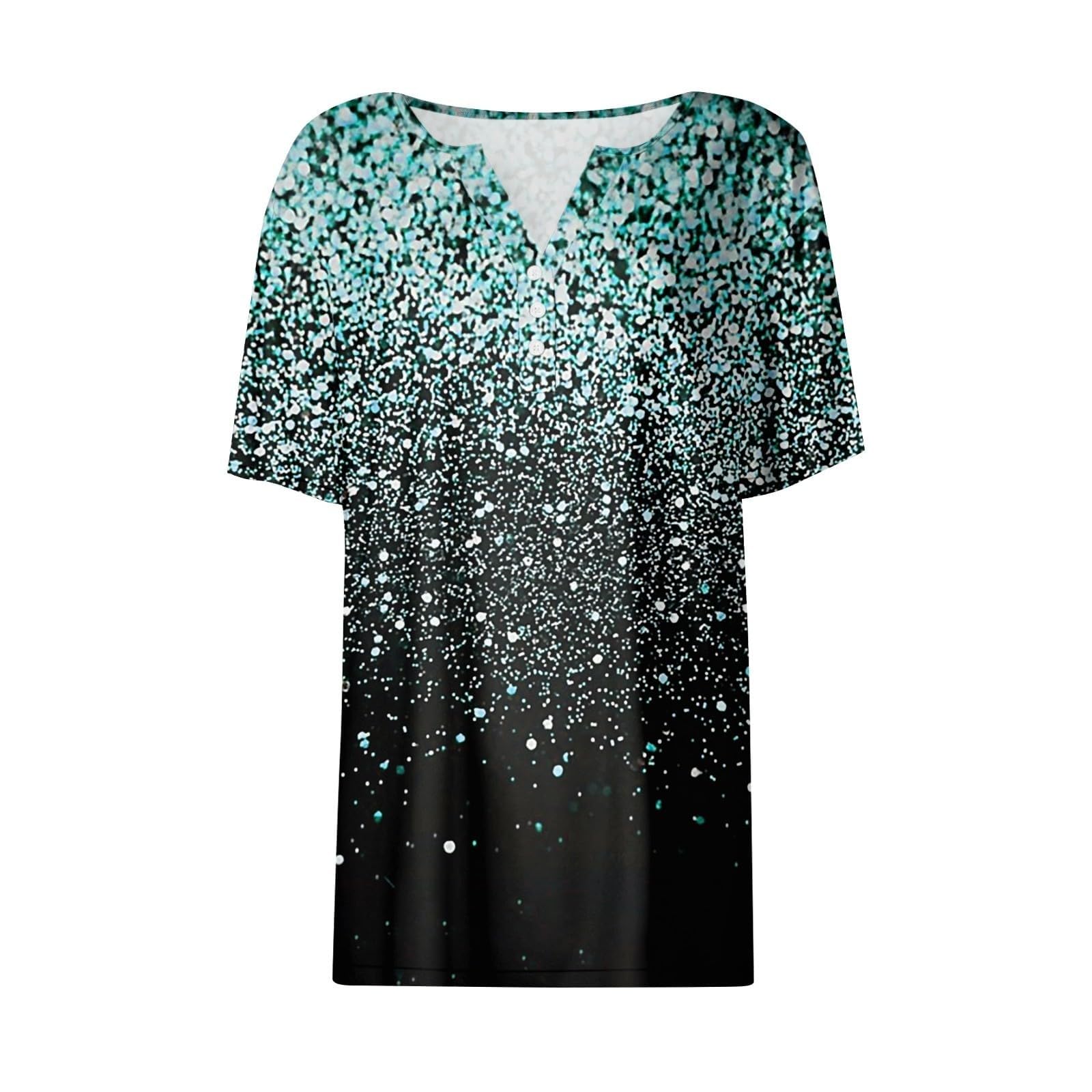 Women's Rhinestone Henley Shirts - Short Sleeve V-Neck Summer Tops & Casual Button Blouses | Elegant Dressy T-Shirts for Women 2024 | Perfect for Office, Date Night & Summer Outings