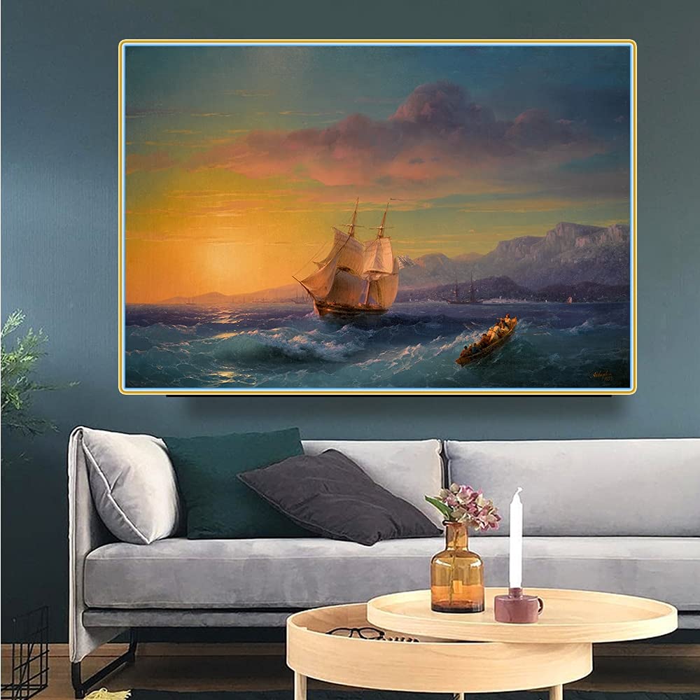 Ivan Aivazovsky 'Ship at Sunset off Cap Martin' Canvas Wall Art - 80x116cm Unframed Oil Painting Reproduction for Living Room & Bedroom Decor - Perfect for Coastal, Nautical, or Classic Home Interior Design