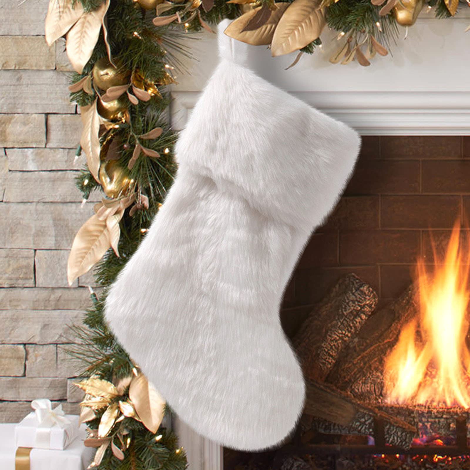 17 Inch White Faux Fur Christmas Stockings - Snowy Holiday Hanging Decor for Fireplace, Tree & Home - Candy Gift Bags for Xmas Decorations (Pure White) | Perfect for Holiday Parties, Family Gatherings & Festive Home Decor