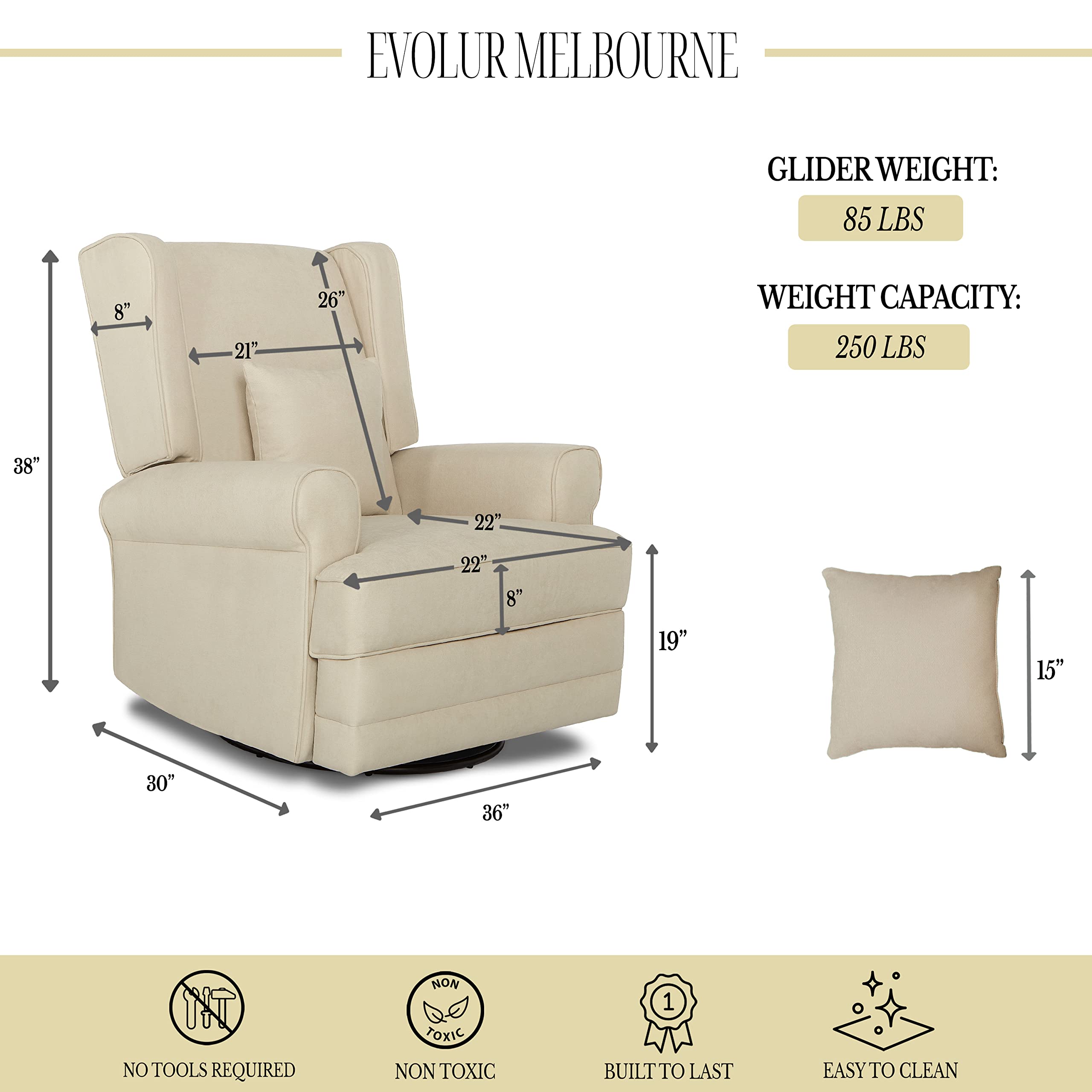 Melbourne Upholstered Swivel Glider Chair - Modern Nursery Recliner with Bonus Pillow | Greenguard Gold Certified | Easy to Clean & Tool-Free Assembly | Perfect for Nursery, Bedroom & Breastfeeding