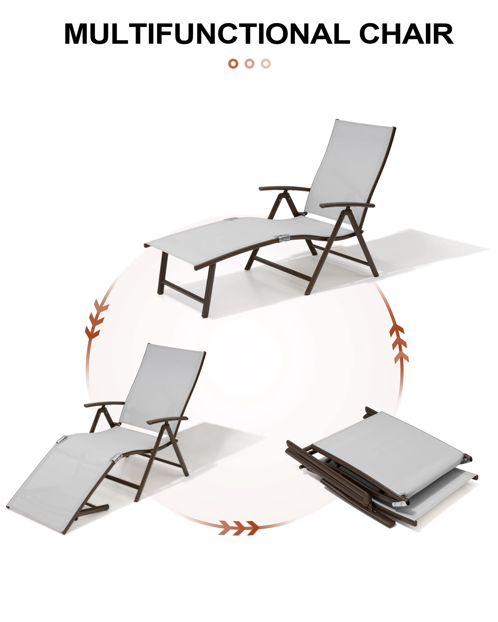 Crestlive Folding Patio Chaise Lounge Chair - Adjustable Aluminum Outdoor Pool Recliner with 8 Positions, No Assembly Required - Perfect for Backyard, Beach, and Poolside Relaxation