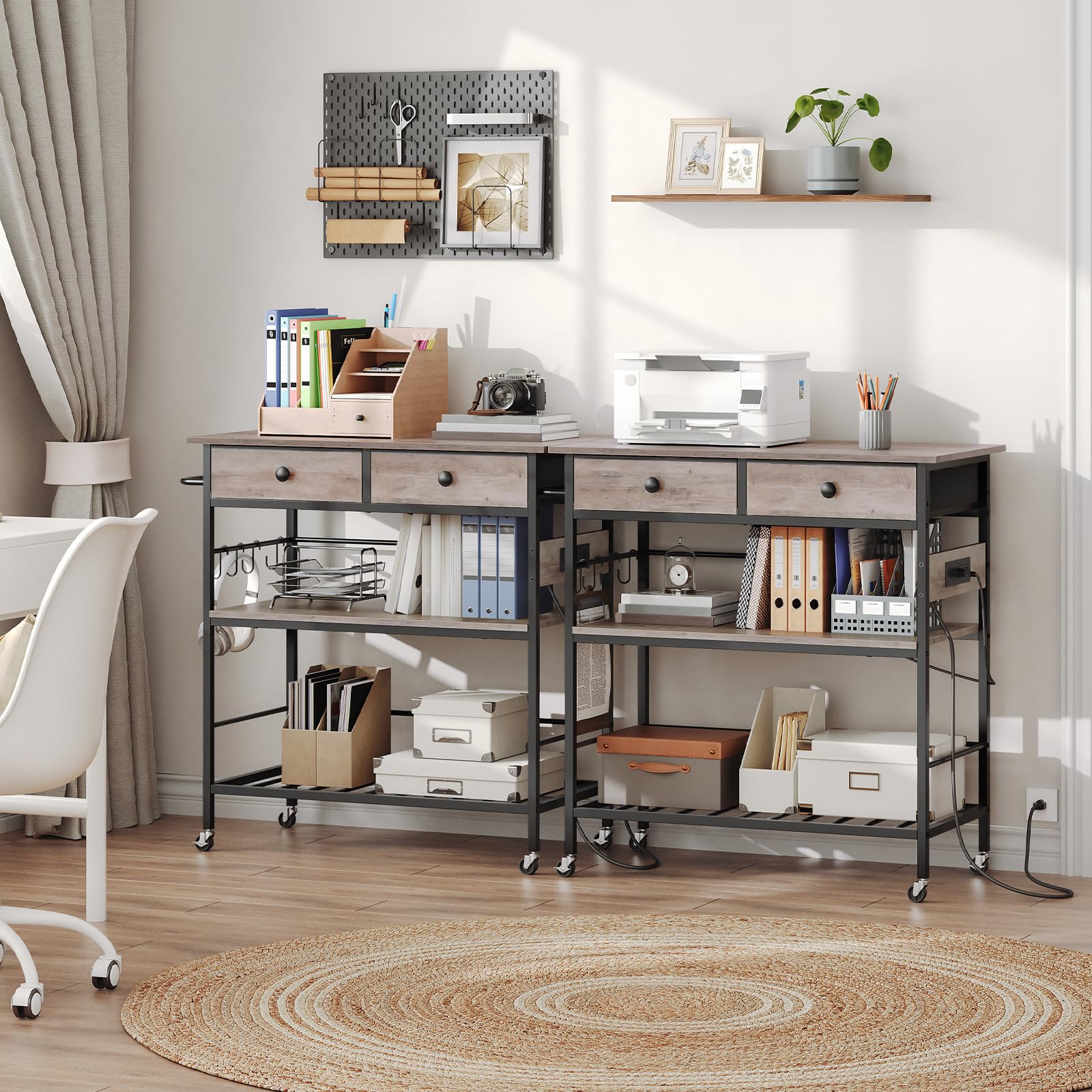 HOOBRO 3-Tier Kitchen Island Cart with Storage, 2 Drawers & Power Outlet - Mobile Coffee Station, Microwave Stand & Work Table for Small Spaces - Greige & Black (BG08UZD01) - Perfect for Apartments, Dorms & Compact Kitchens