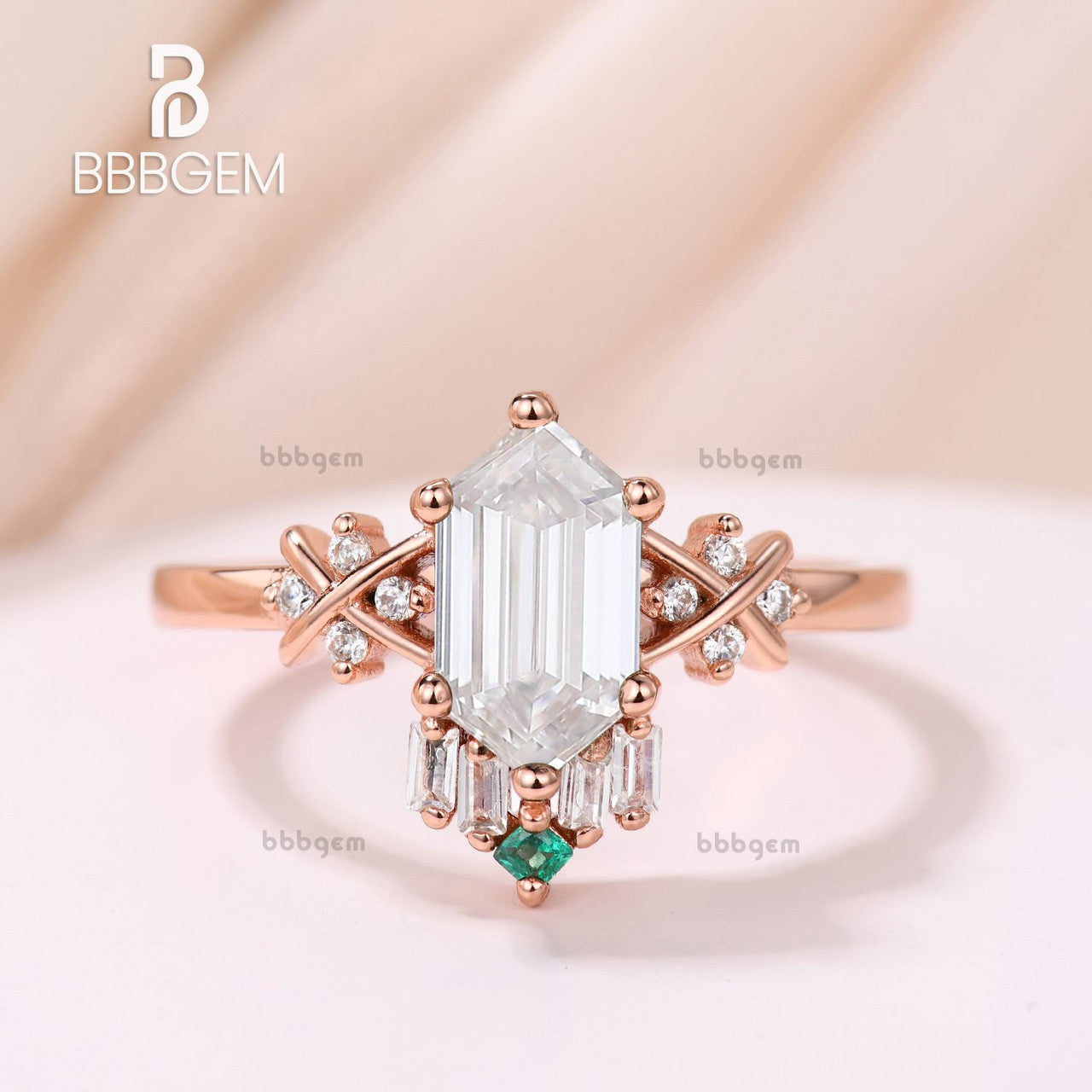 Hexagon Cut Moissanite & Emerald Engagement Ring Set in Rose Gold - Vintage Cluster Wedding Band for Women, Perfect for Proposals, Anniversaries & Bridal Jewelry