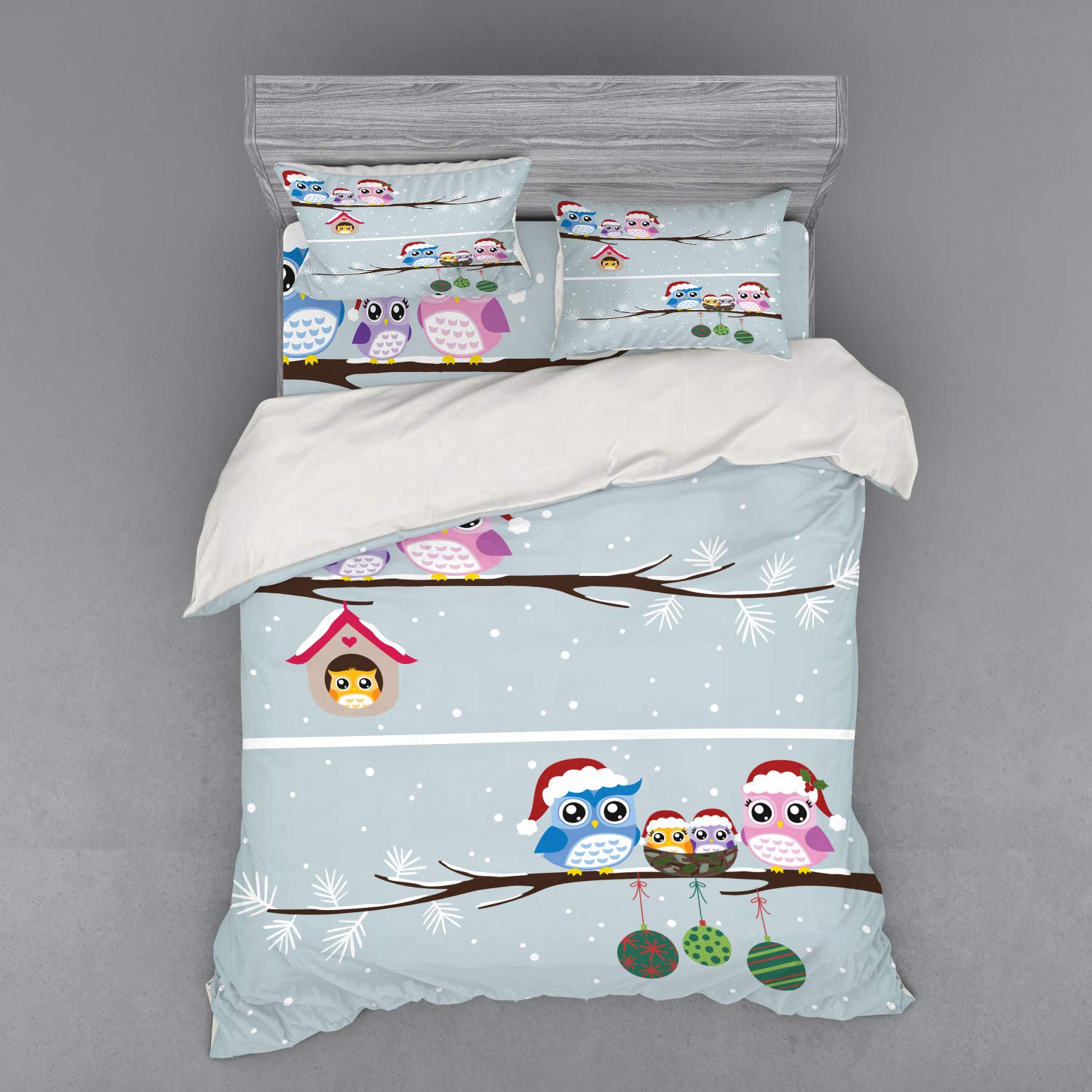 Ambesonne Christmas Bedding Set 4-Piece - Owl Family with Santa Hats on Snowy Winter Tree Branch Print, Queen Size Duvet Cover with Shams & Fitted Sheet, Grey - Cozy Holiday Home Decor for Bedroom & Guest Room