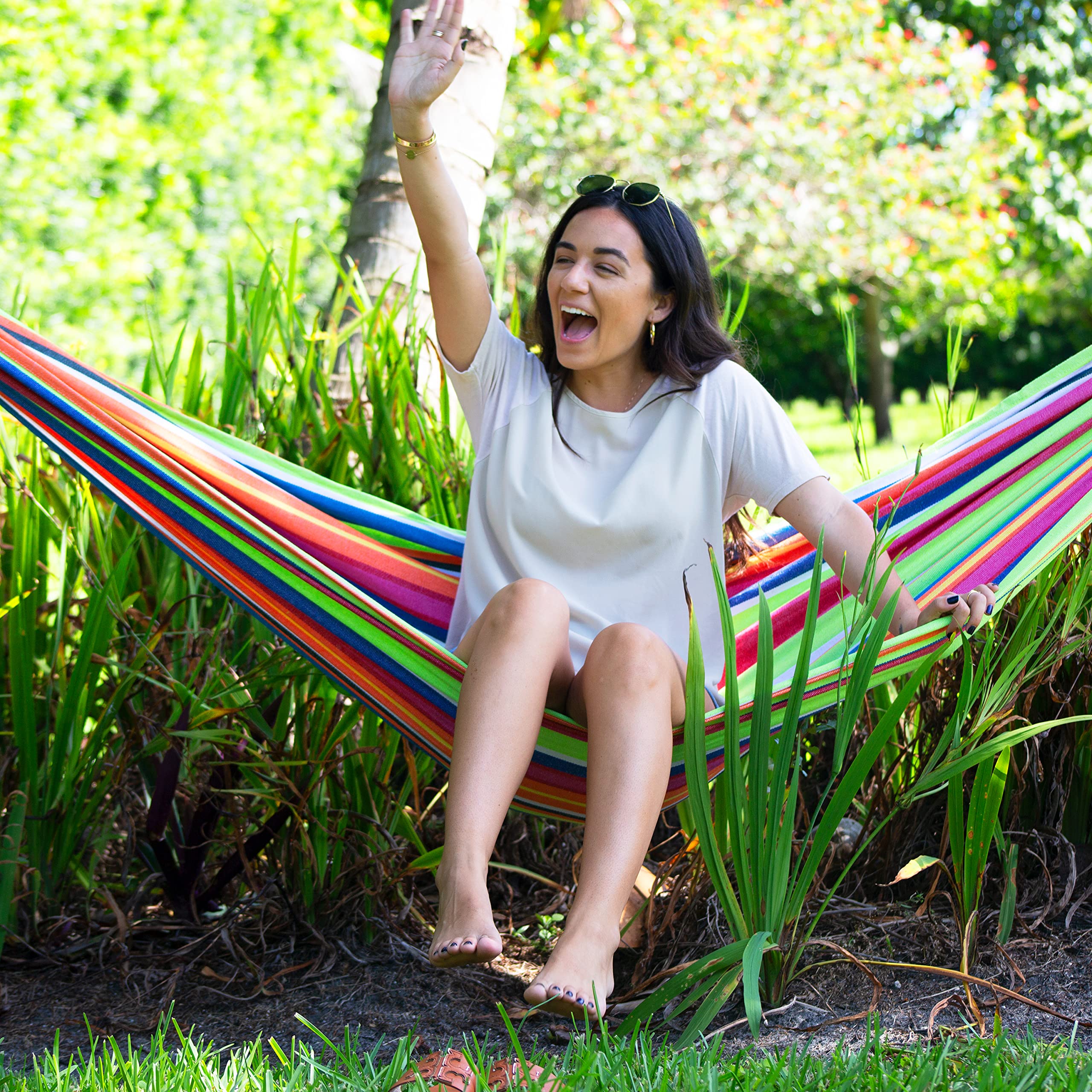 Bliss Hammocks BH-401-CC Double Hammock in a Bag - Portable & Durable Hand-Woven Cotton Polyester Hammock for Camping, Hiking, Backyard, Beach - Supports 265 lbs - Country Club Stripe Design - Perfect for Outdoor Relaxation & Travel