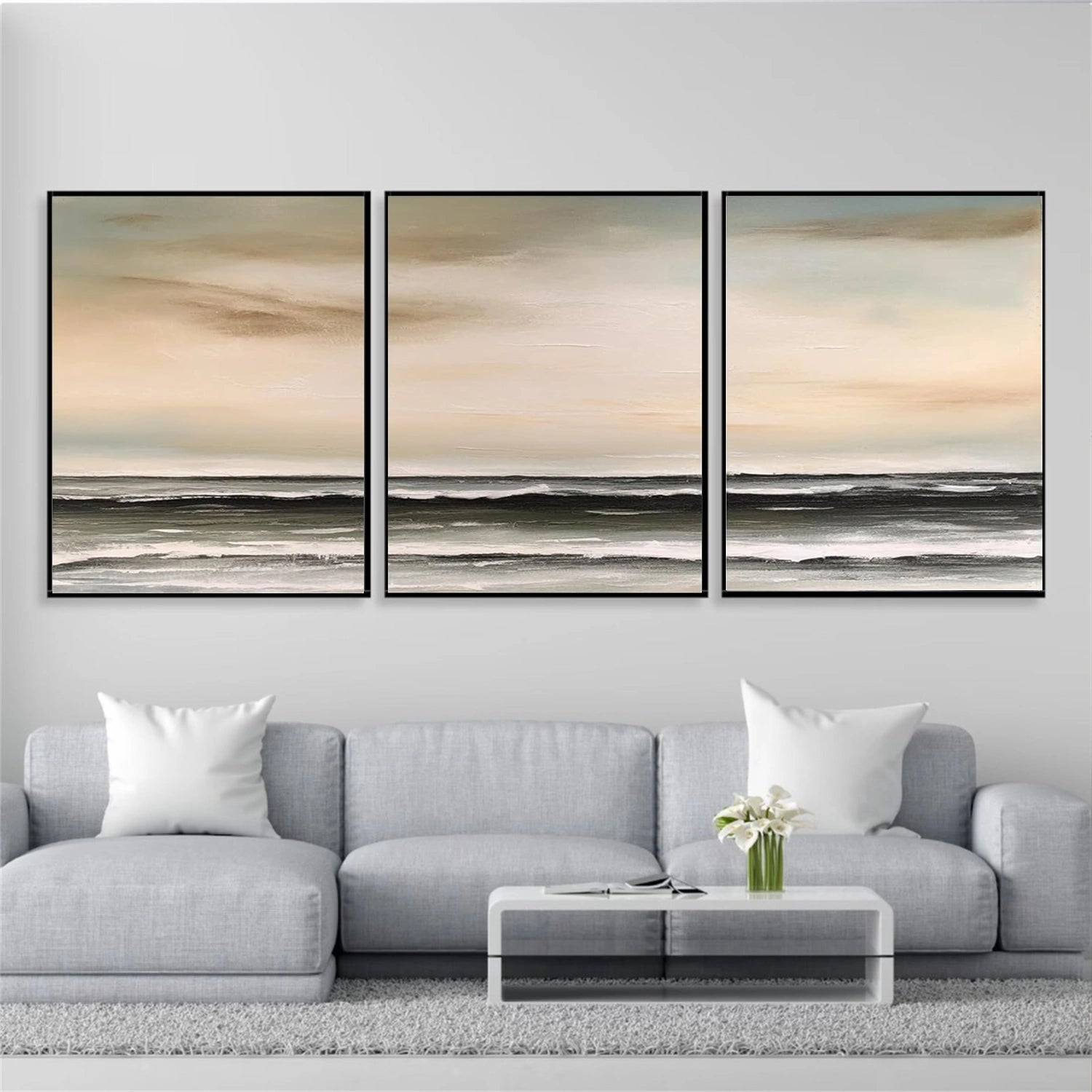 Ocean and Sky Painting Set of 3 - Coastal Wall Art for Living Room, Bedroom & Office Decor | #OS255
