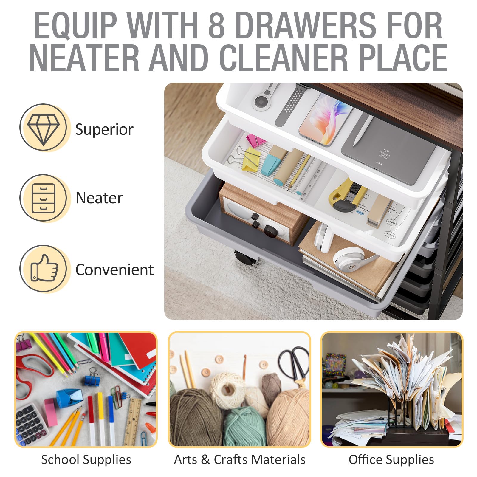 8-Drawer Rolling Storage Cart with Wooden Top - Mobile Organizer for Office, Classroom & Craft Storage