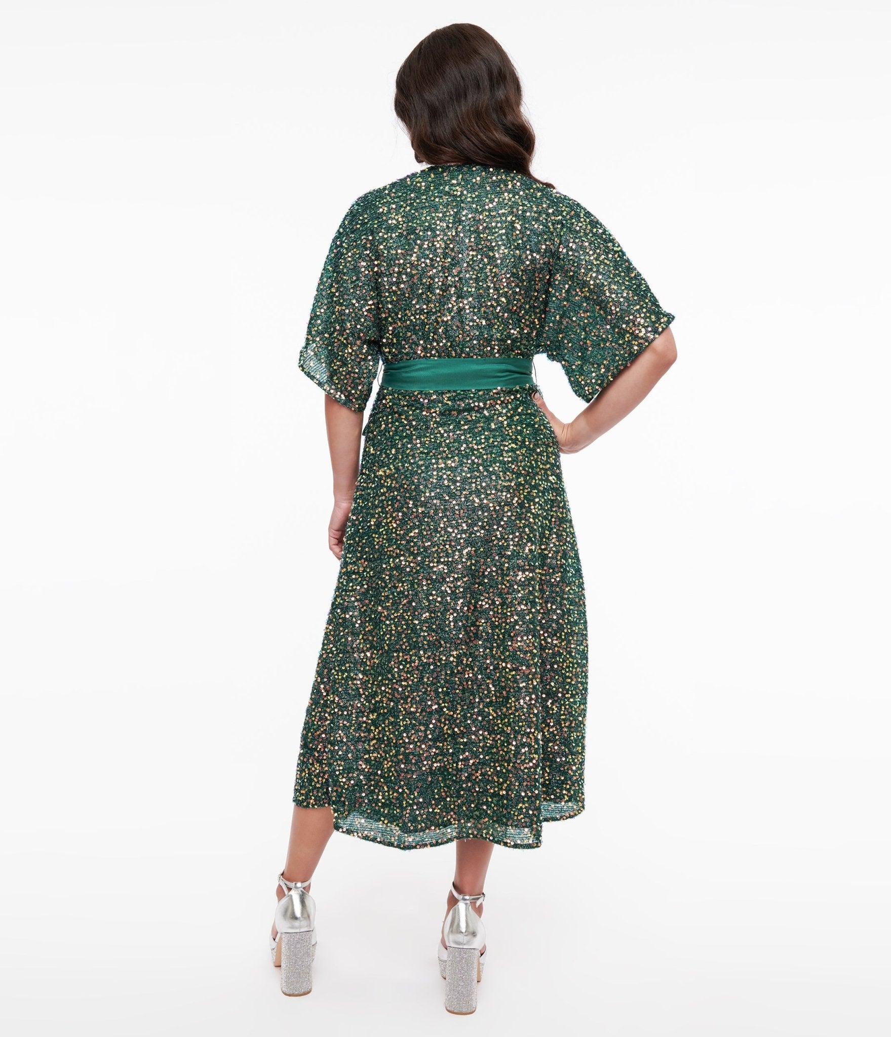 Vintage 1960s Green Sequin Wrap Midi Dress - Retro Party Dress for Women, Holiday Outfit, Cocktail Attire, Gatsby Theme Costume, Christmas & New Year Celebration