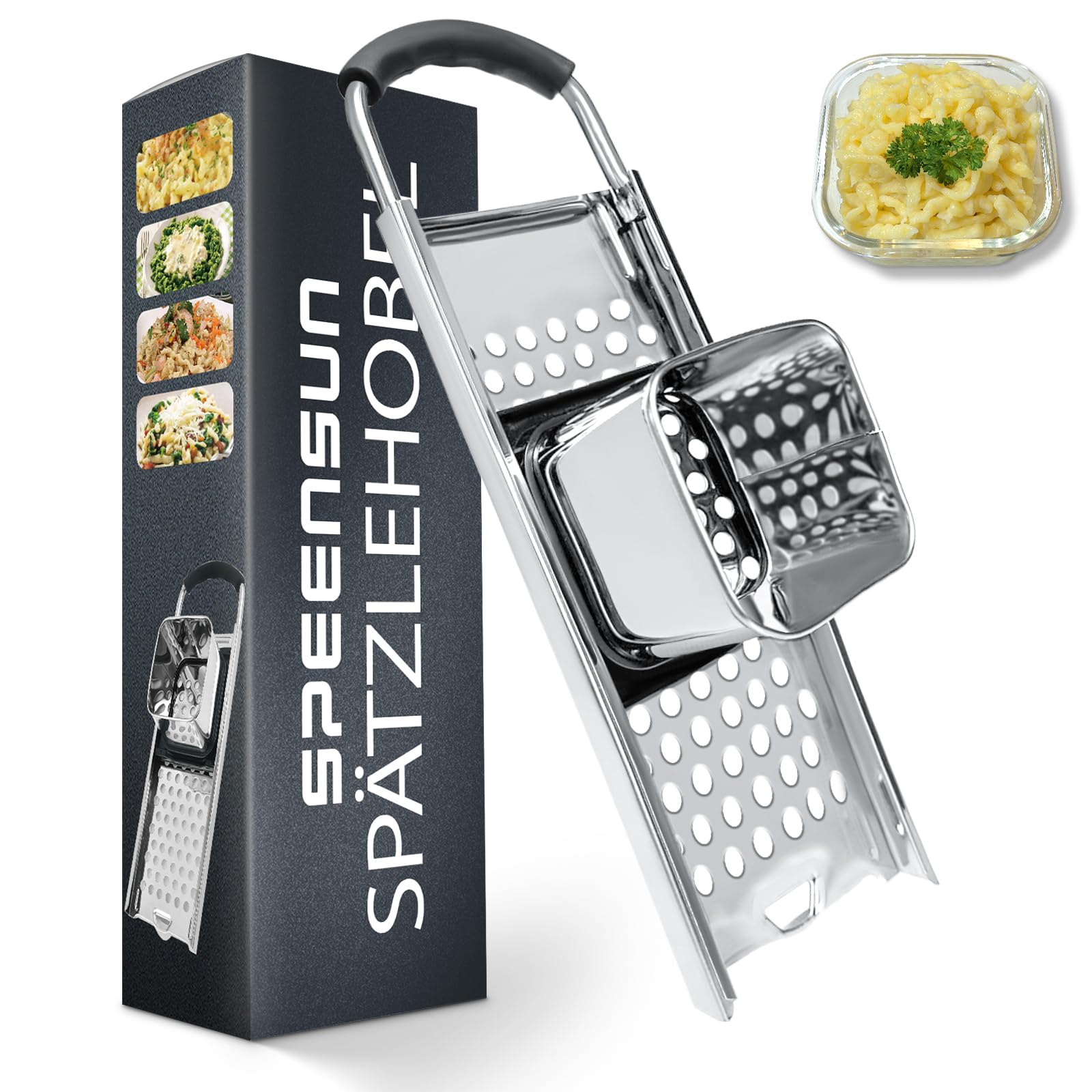 Premium Stainless Steel Spaetzle Maker - Efficient Homemade German Spaetzle & Knoepfle Noodle Press with Comfort Handle, Dishwasher Safe for Pots Up to 30cm - Perfect for Authentic German Cuisine, Family Dinners & Pasta Lovers