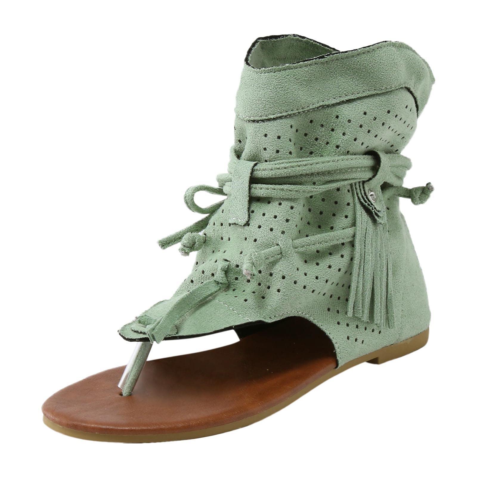 Women's Summer Slippers - Retro Casual Fashion Sandals with Tassel & Hollow Toe - Breathable Flat Bottom Shoes for Women (Green, Size 9) | Perfect for Beach, Poolside, Home & Vacation Wear