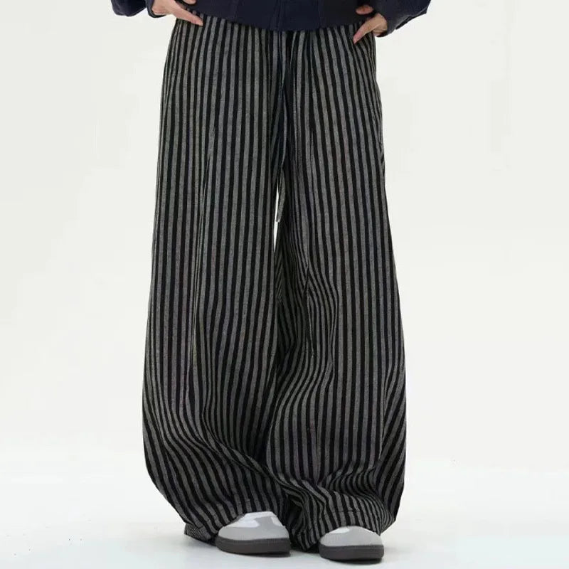 Men's Striped Casual Pants - Elastic Waist Drawstring Loose Fit Straight Wide Leg Trousers with Pockets | Autumn Fashion | Perfect for Work, Travel & Everyday Wear