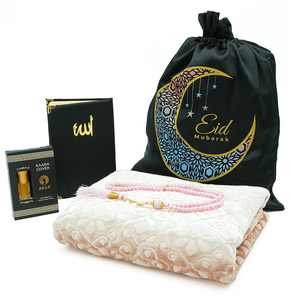 Luxury Velvet Eid Mubarak Gift Bag Set - 5 Pieces with Prayer Rug & Accessories - Light Pink - Perfect for Eid Gifts, Ramadan Decorations & Islamic Celebrations