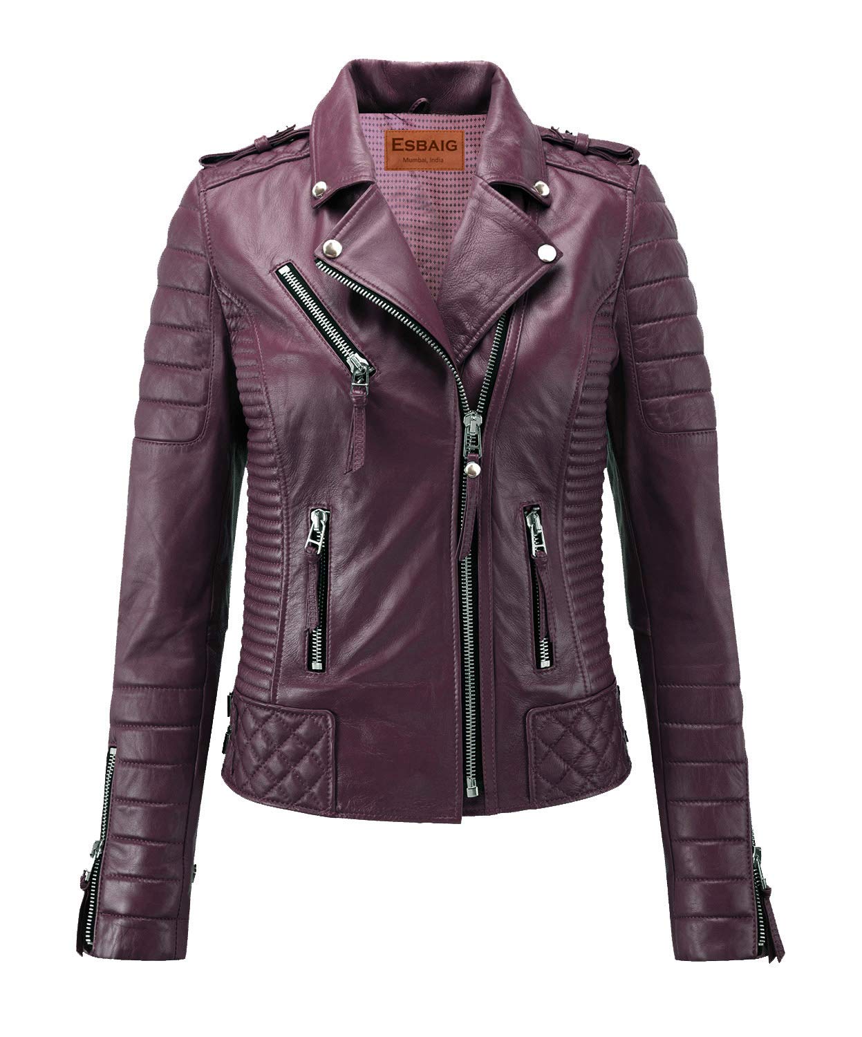 Esbaig Women's Quilted Stitch Leather Motorcycle Biker Jacket - Burgundy Red for Riding & Fashion | Stylish Outerwear for Casual & Night Out