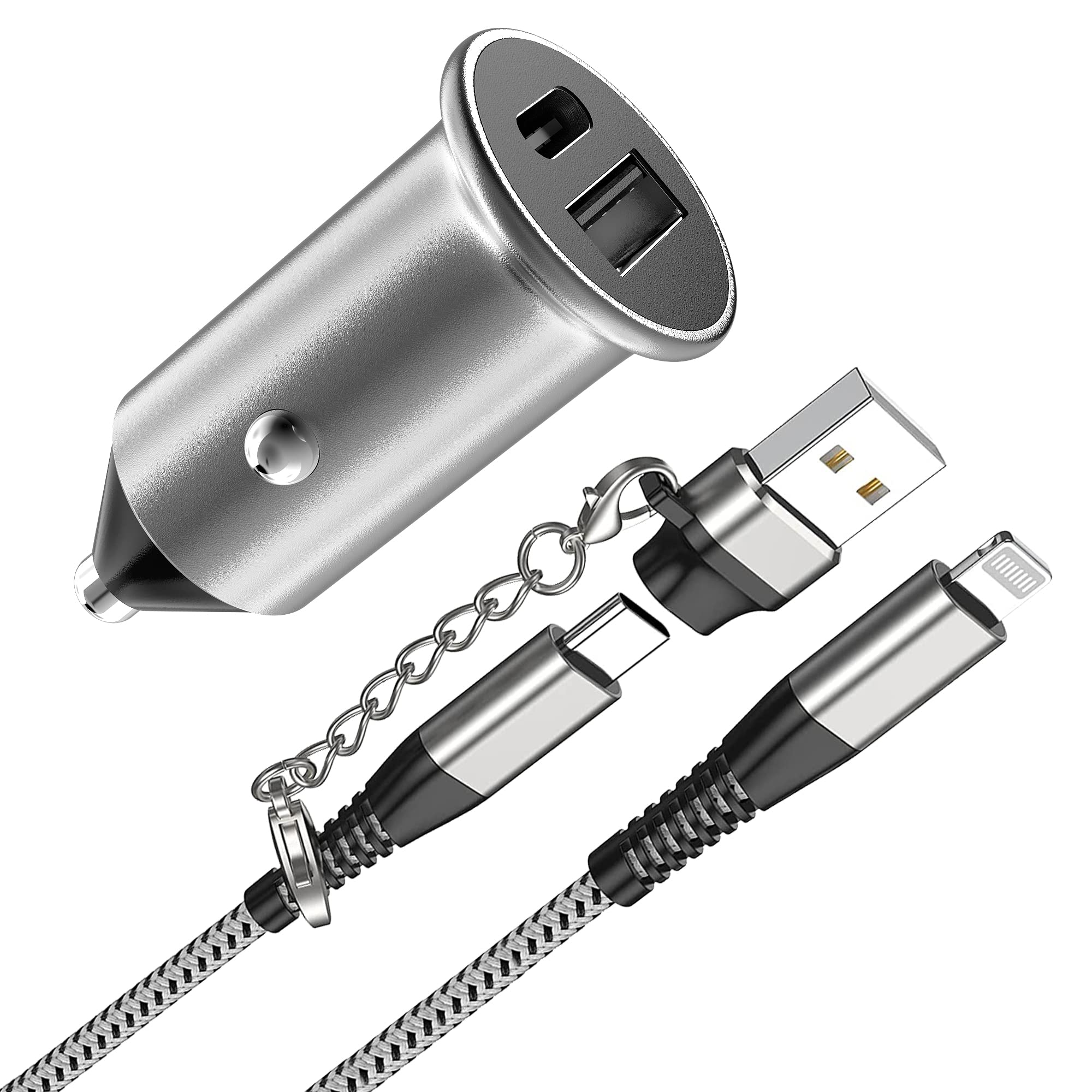 30W Dual Port USB-C & USB-A Car Charger with PD Fast Charging - MFi Certified 3ft USB-C to Lightning Cable & Adapter for iPhone 14/13/12/X/Xs/XR/Pro Max/Mini, iPad, AirPods - Perfect for Road Trips & Commuting