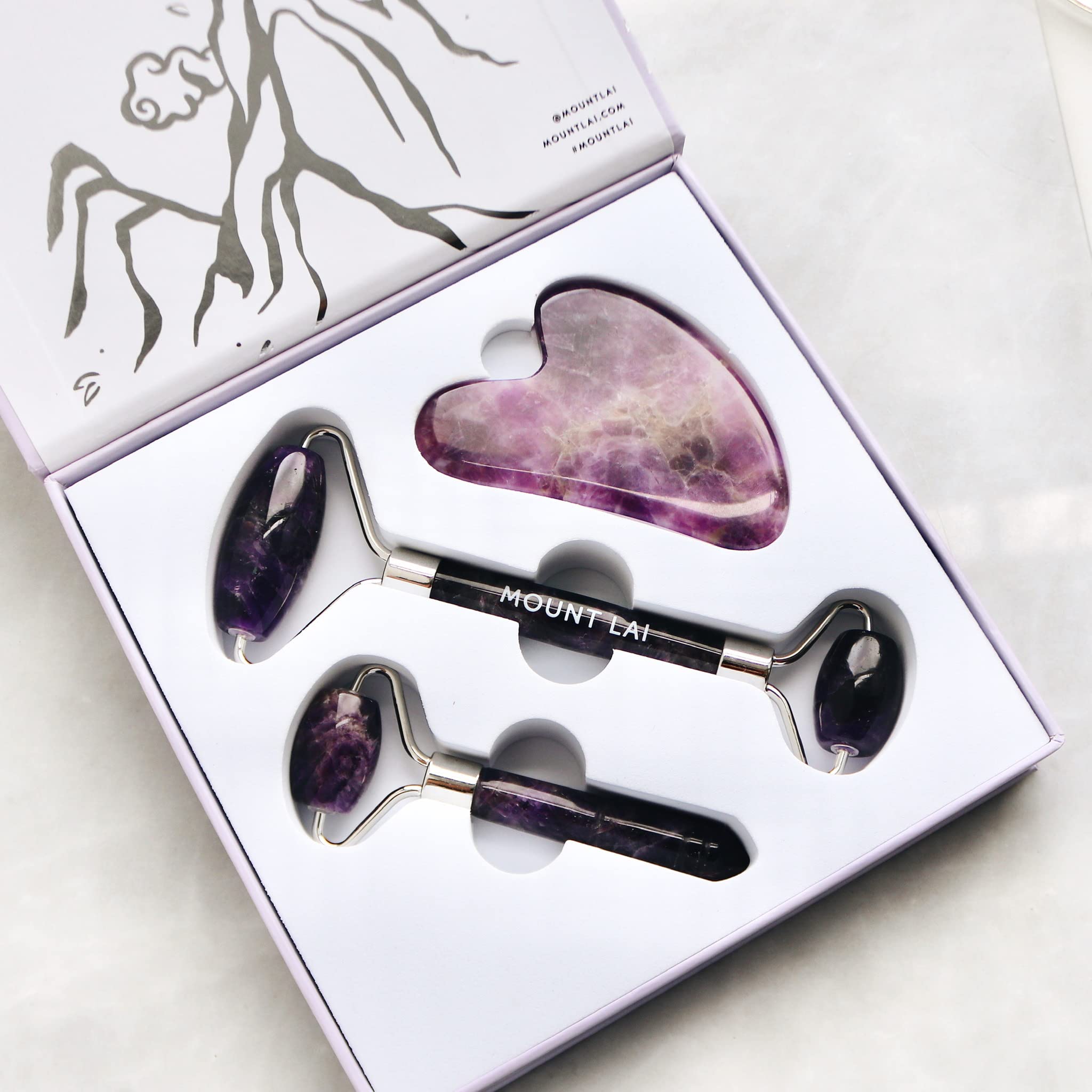 Mount Lai Amethyst Trio Calming Facial Set - Jade Roller & Gua Sha Tools for Face Massage, Relieve Tension & Reduce Puffiness | Anti-Aging Skincare Set for Glowing Skin | Perfect for Morning Routine & Self-Care Spa Days