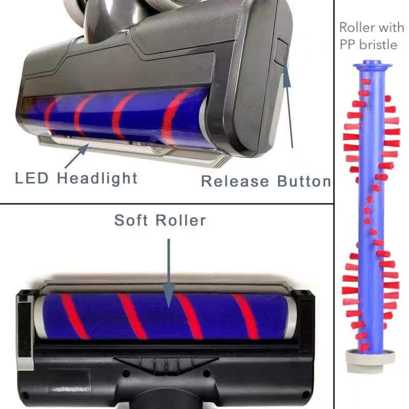 Upgraded Hardwood Floor Vacuum Attachments with LED Headlights for Dyson V7 V8 - Replacement Motorhead, Soft Roller & PP Bristle Motorized Brush Accessories for Marble, Carpet, Rug Cleaning - Perfect for Pet Hair, Dust & Deep Cleaning in Homes & Offices