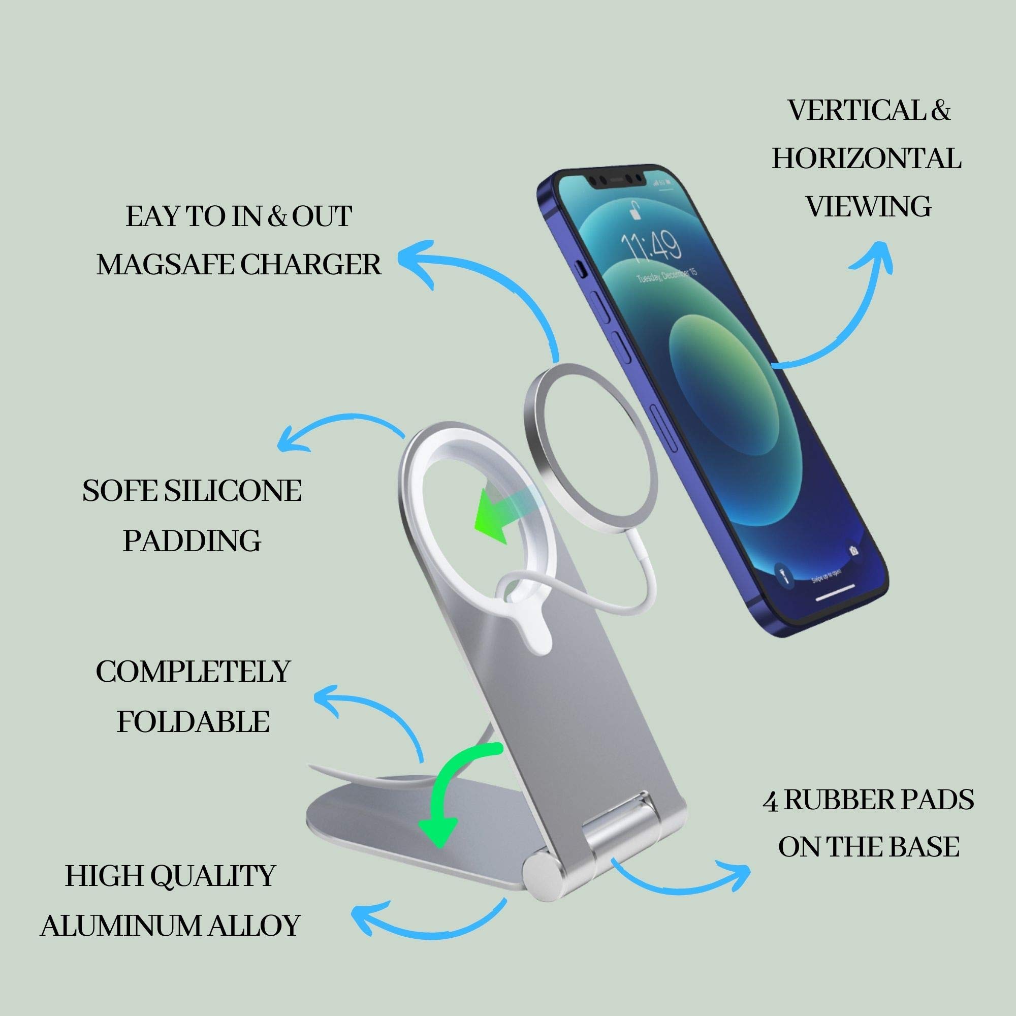Aporia MagSafe Charger Stand Compatible with iPhone 12/13/14 Mini Pro Max Plus - Portable Foldable Adjustable Magnetic Wireless Charging Base Pad (Grey) | Perfect for Home, Office & Travel Use