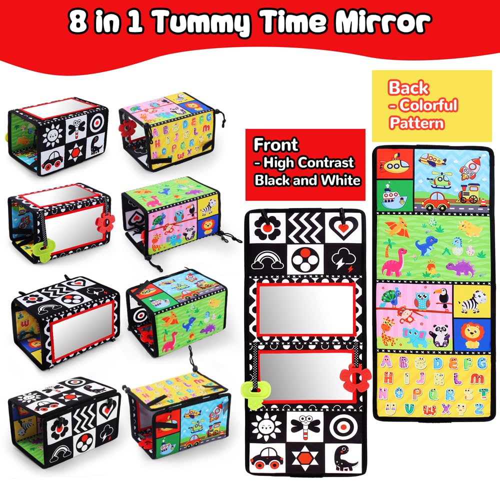 **Double-Sided Tummy Time Mirror with Teethers – High Contrast Black & White Baby Sensory Toy for Newborns & Infants | Montessori Crawling Developmental Toy for Playtime & Learning (A-Mirror)**