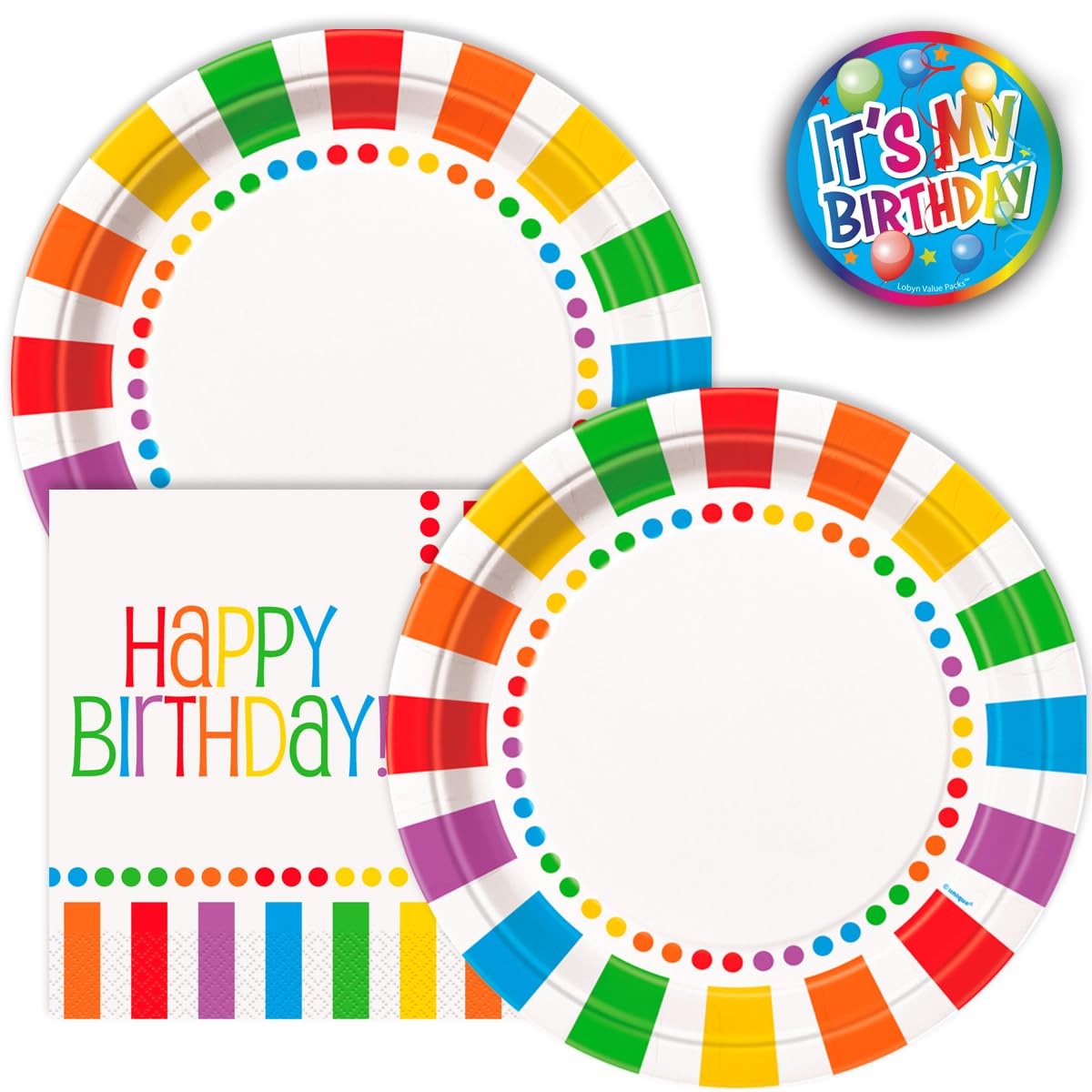 Lobyn 32-Piece Rainbow Birthday Party Paper Plates & Napkins Set - 9 Inch Disposable Luncheon Plates for Kids Birthday, Baby Shower, and Themed Celebrations