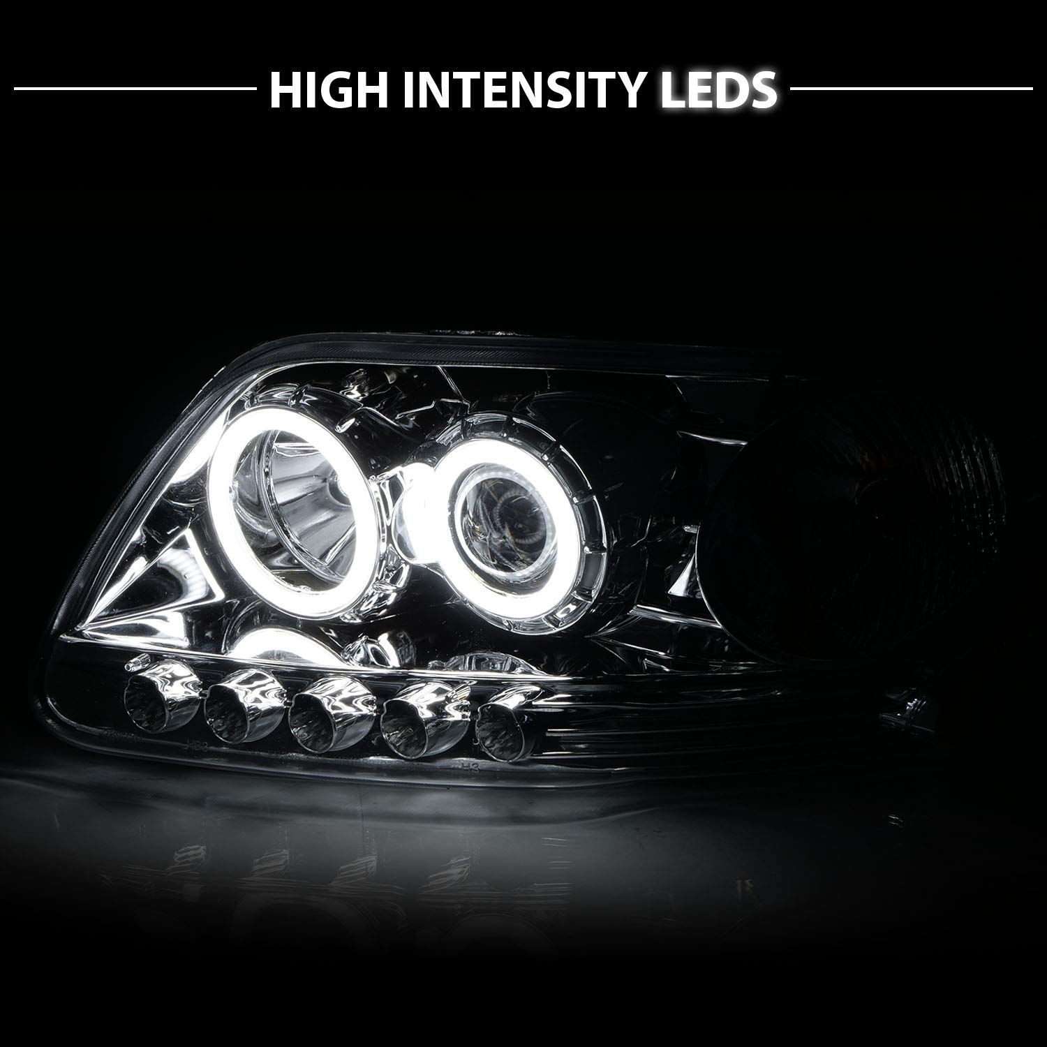 1997-2003 Ford F150 & Expedition Chrome Projector Headlights Assembly with Xtreme LED Halos - Replacement Headlights for F-Series (Passenger & Driver Side) - Perfect for Night Driving & Off-Road Adventures