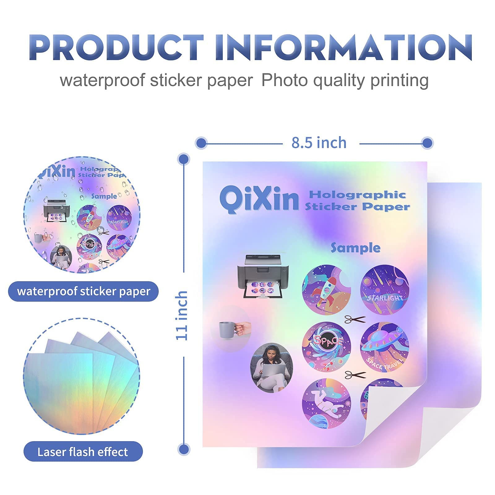 50 Sheets Holographic Sticker Paper 8.5x11 Inch - US Letter Size Printable Vinyl for Inkjet & Laser Printers - Waterproof Adhesive Rainbow Stickers for DIY Crafts, Scrapbooking & Decoration