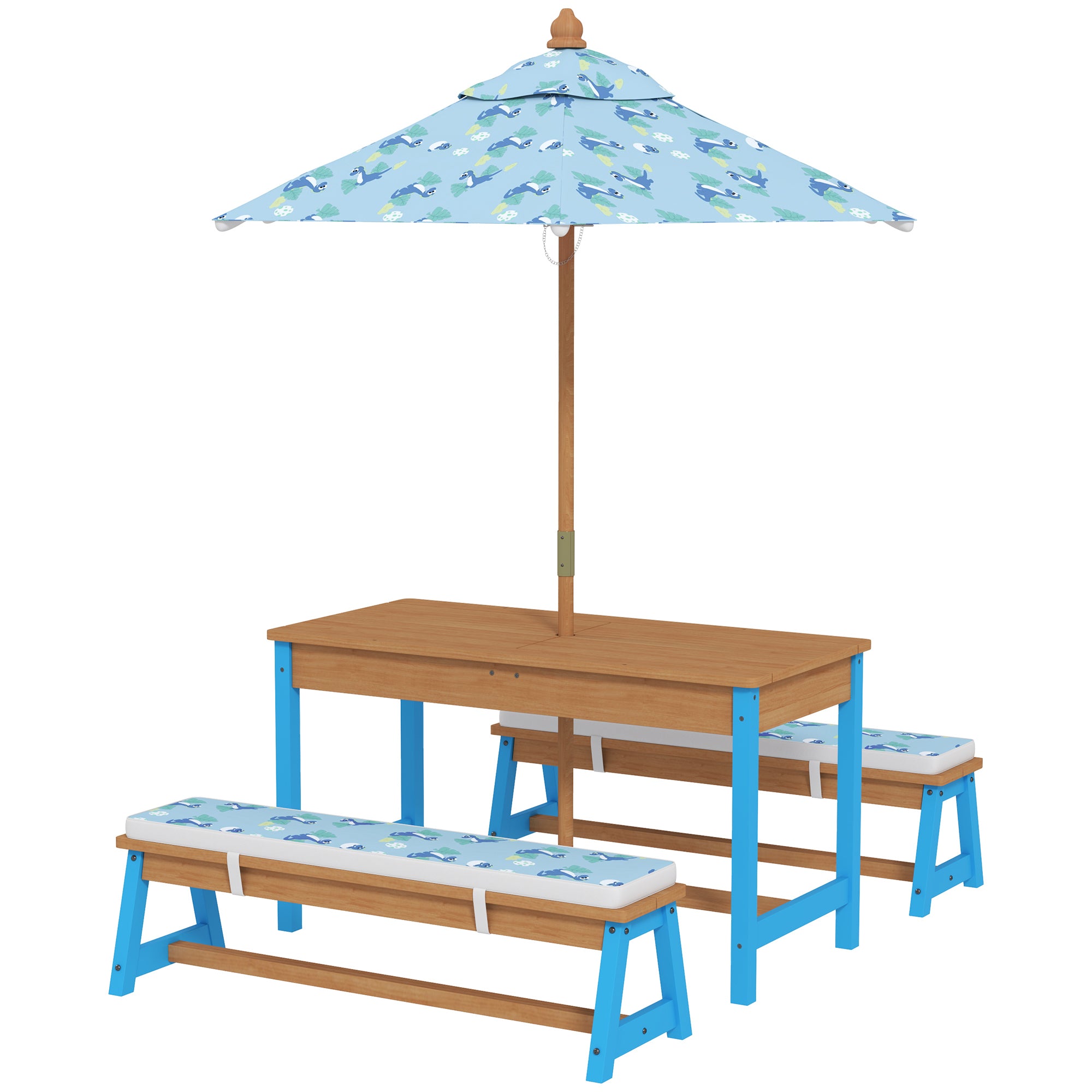 Dinosaur-Themed Kids Picnic Table and Bench Set with Removable Umbrella, Cushions & Storage Boxes - Outdoor Play Furniture for Backyard, Garden & Patio - Blue