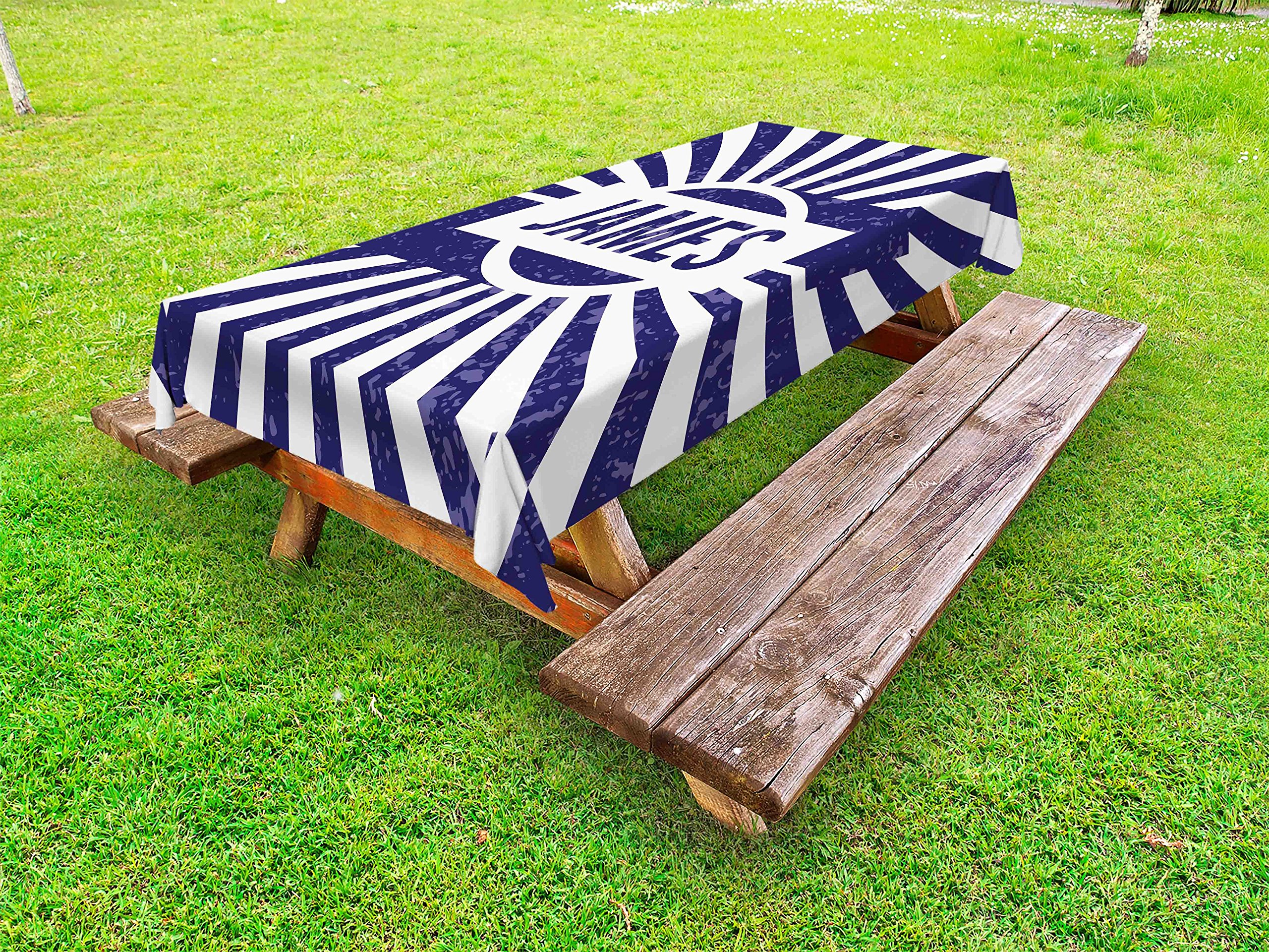 Ambesonne James Waterproof Outdoor Tablecloth - Classic Nautical Blue & White Striped Design, Washable Picnic Table Cover 58x104 Inches - Perfect for Beach Parties, BBQs, and Garden Dining