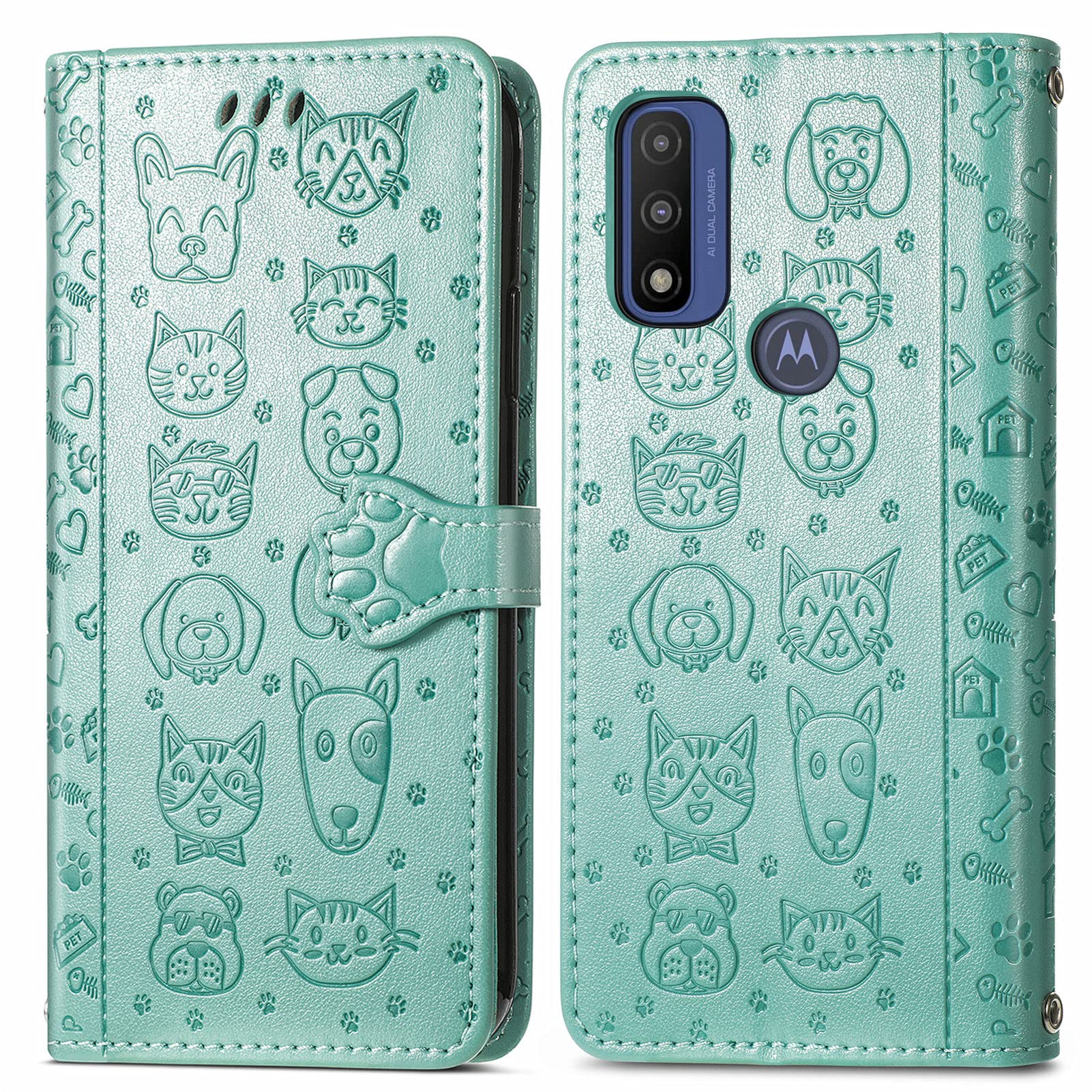 Cute Cartoon Wallet Case for Motorola Moto G Power 2022 (MG Green) - PU Leather Flip Cover with ID Card Holder, Cat & Dog Design | Perfect for Daily Use, Travel, and Work