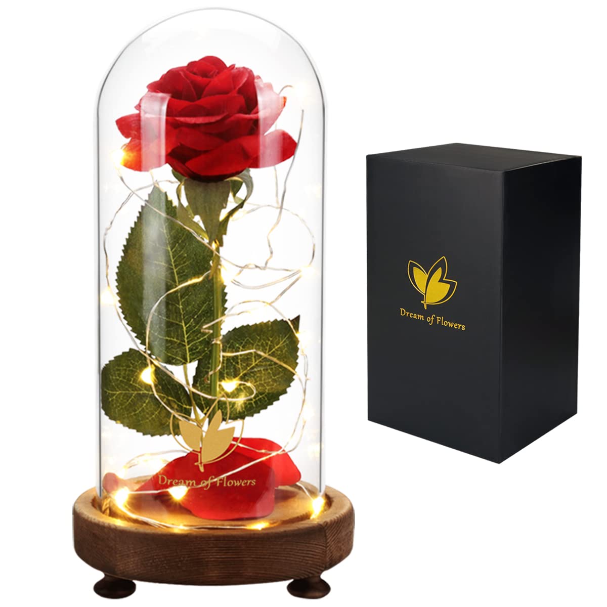 Beauty and The Beast Rose Gift Set - Red Silk Rose with Warm LED Lights, Forever Lasting Romantic Valentine's Day, Anniversary & Birthday Gift for Her - Perfect for Home Decor, Wedding Centerpiece, and Special Occasion Presents