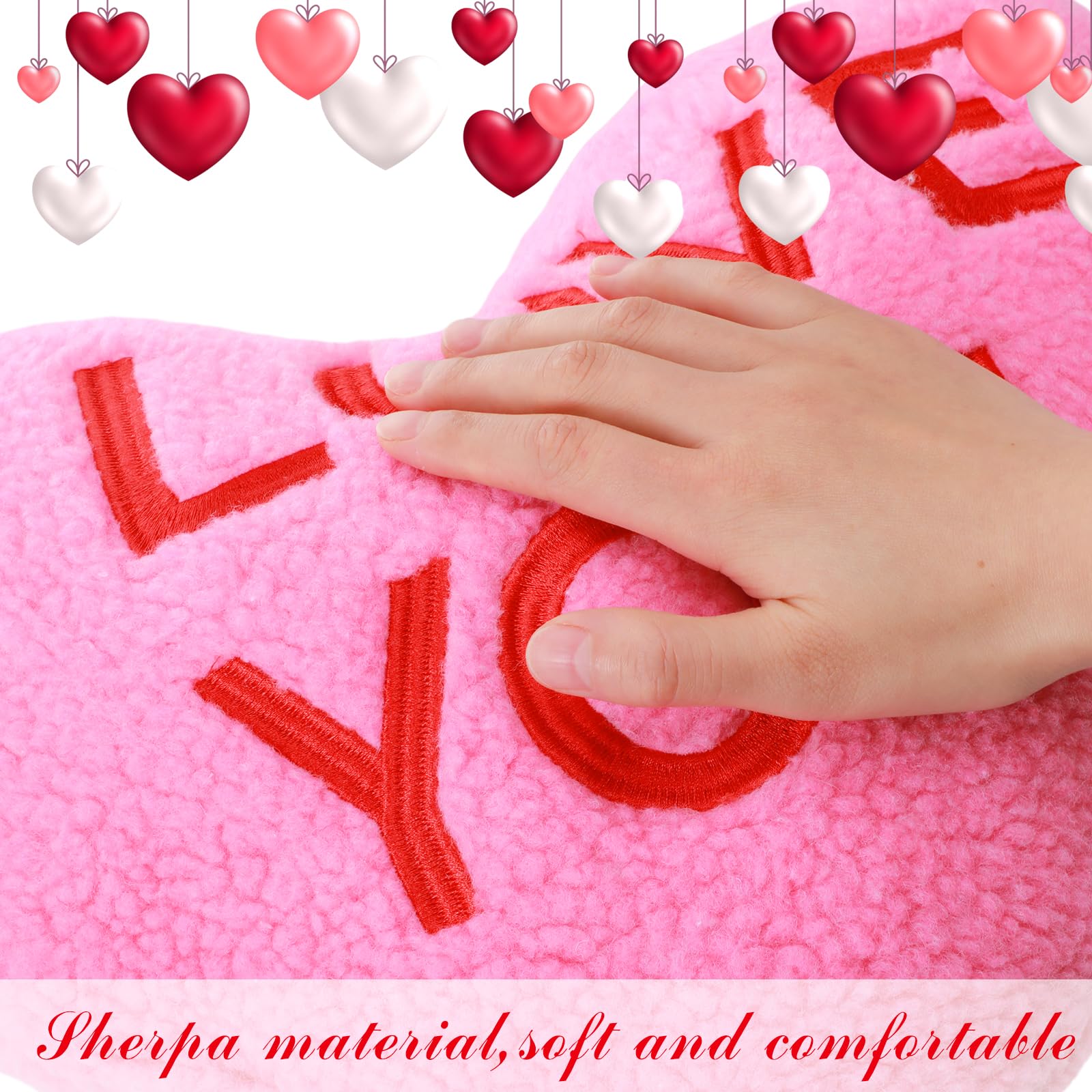3-Piece Sherpa Valentine's Day Heart Shaped Throw Pillow Set - Red & Pink Fluffy Love Decorative Cushions for Bed, Sofa, Couch - Aesthetic Coquette Room Decor & Romantic Gift Idea (Printed Heart Design) - Perfect for Valentine's Gifts, Anniversary Presents & Cozy Home Decor