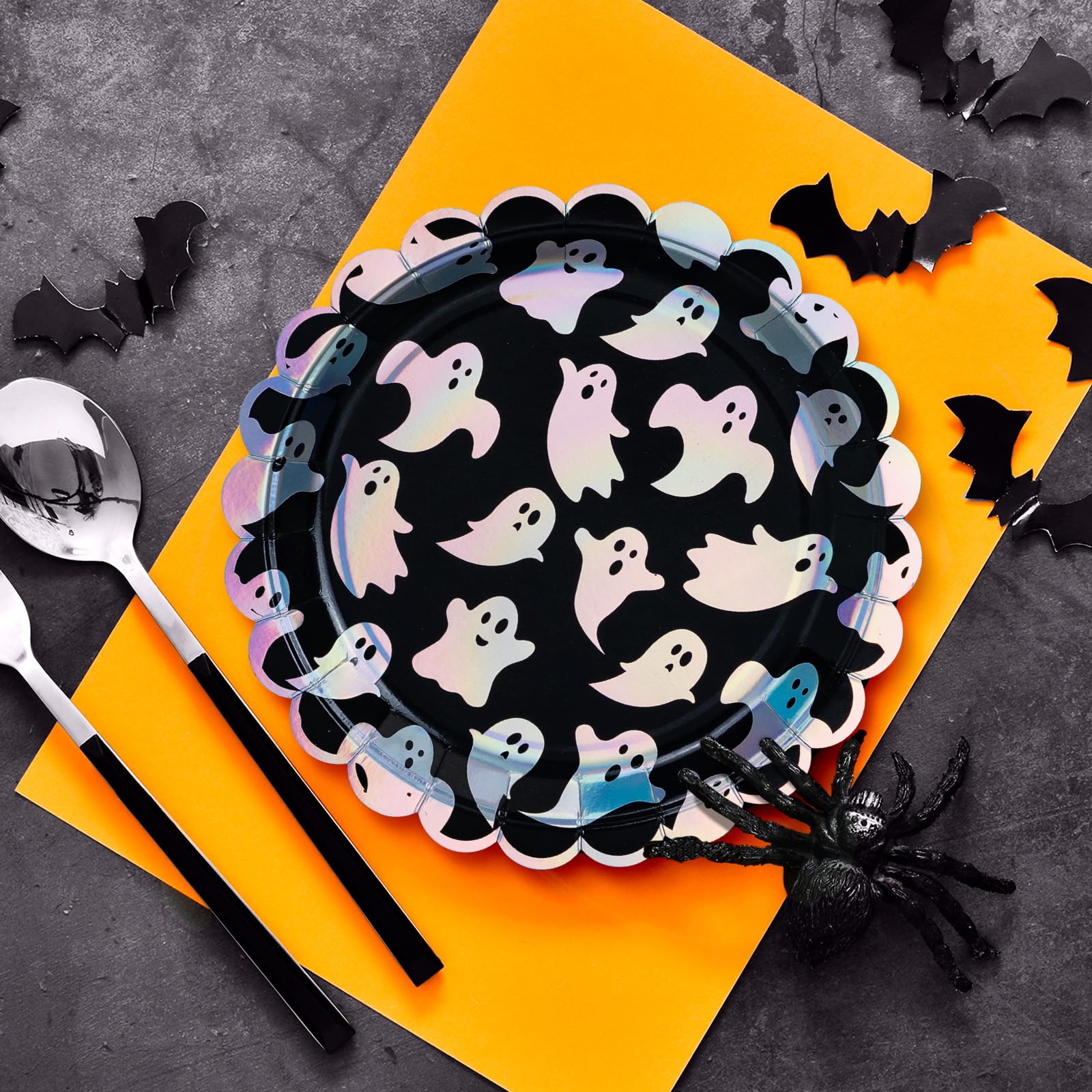 50-Count Halloween Paper Plates - Disposable Scalloped Dinner Plates with Ghost Pattern & Iridescent Silver Foil - Perfect for Halloween Parties, Trick-or-Treat Events & Spooky Dinner Decorations