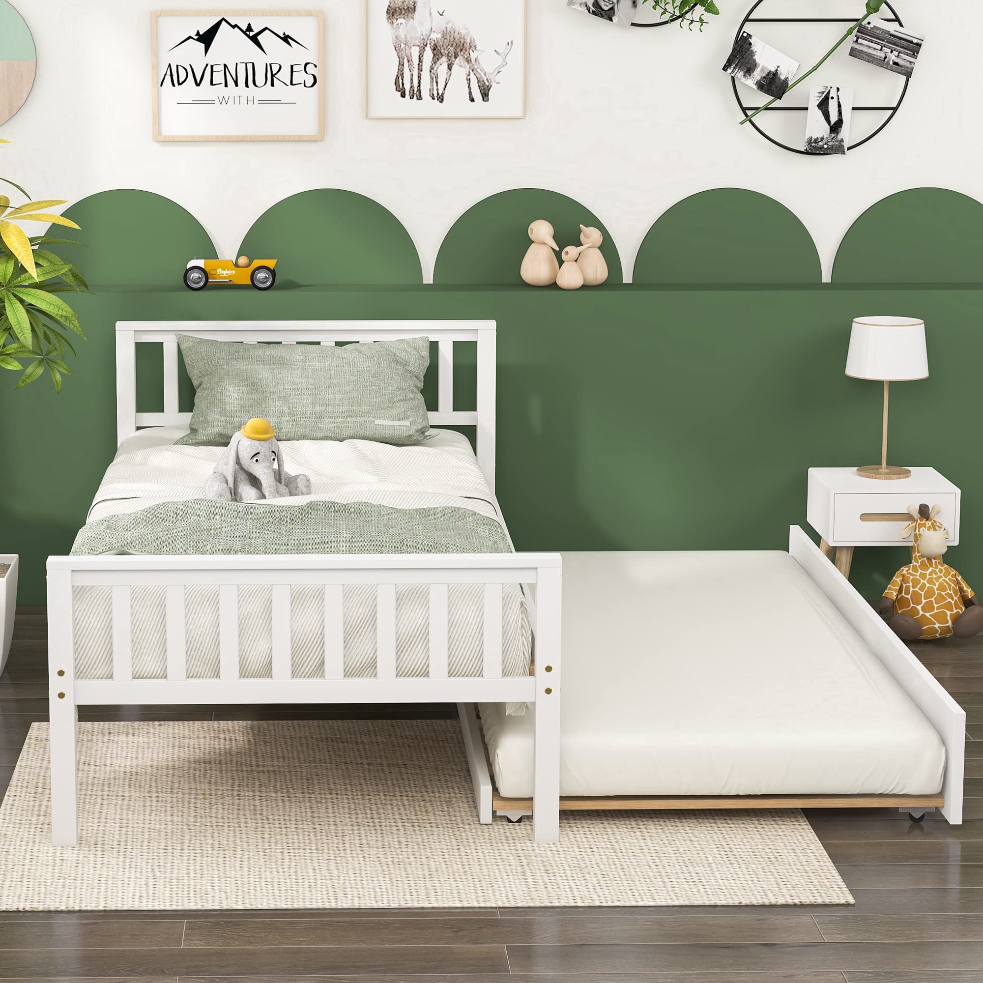 KINFFICT Solid Pine Wood Twin Platform Bed Frame with Trundle - Sturdy Daybed with Headboard & Footboard, 10 Thick Slats for Strong Support (No Box Spring Needed) - Perfect for Kids' Rooms, Guest Rooms & Small Spaces (White)