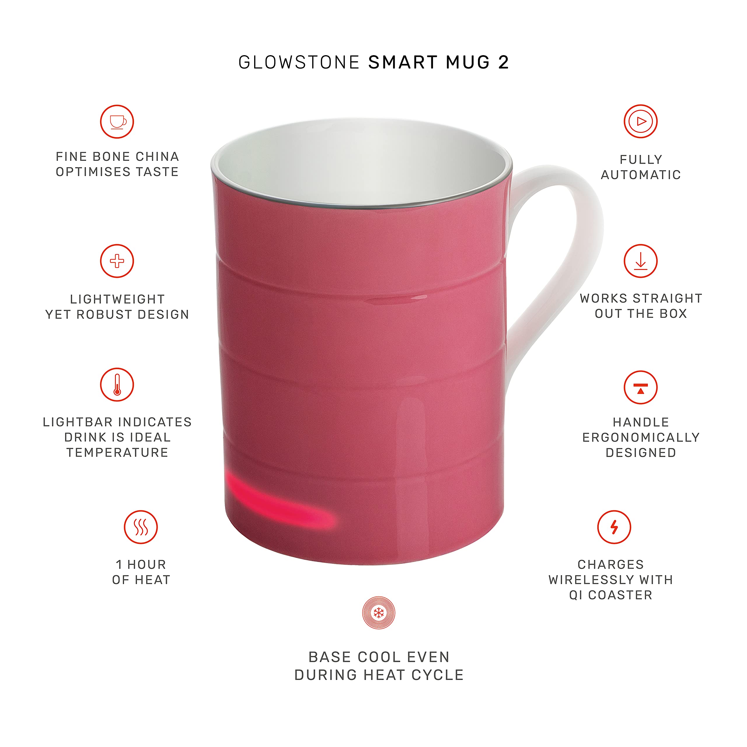 Glowstone Smart Mug – 11oz Fine Bone China Self-Heating Coffee Cup with Wireless Charging | Dishwasher Safe Ceramic Tea Mug | 1-Hour Battery Life | Perfect for Office, Home & Travel Use