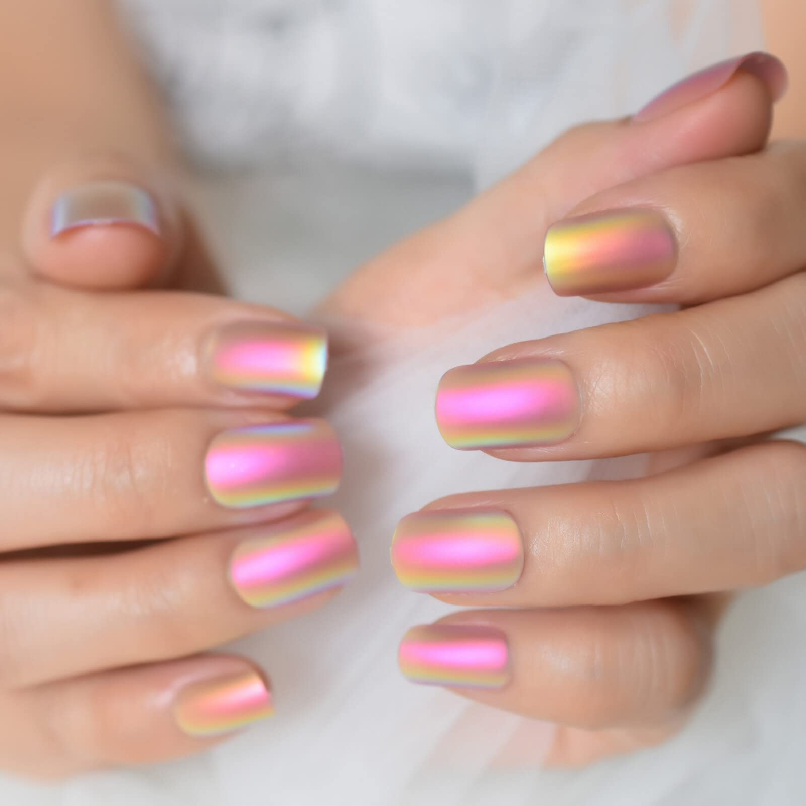 24pcs Short Squoval Press On Nails - Glossy Rainbow Chrome Fake Nails with Full Cover Design | Shiny Fingernail Tips for Parties, Weddings & Special Occasions