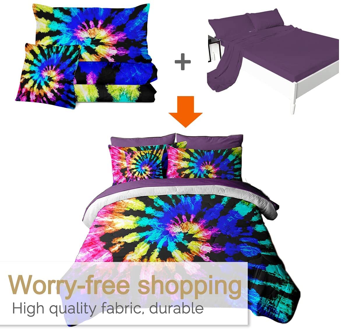 BlessLiving Bohemian Queen Size Tie Dye Comforter Set - 8 Piece Reversible Blue & Purple Bedding (Comforter, Pillowcases, Shams, Sheets) for Bedroom Decor & Guest Room Styling