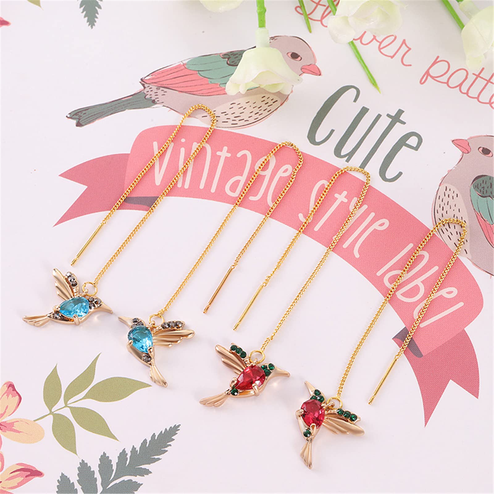 ONLYJUMP Crystal Hummingbird Earrings for Women - Long Tassel Threader Dangle Earrings, Colorful Cute Animal Bird Jewelry | Perfect for Parties, Weddings & Everyday Fashion Accessories