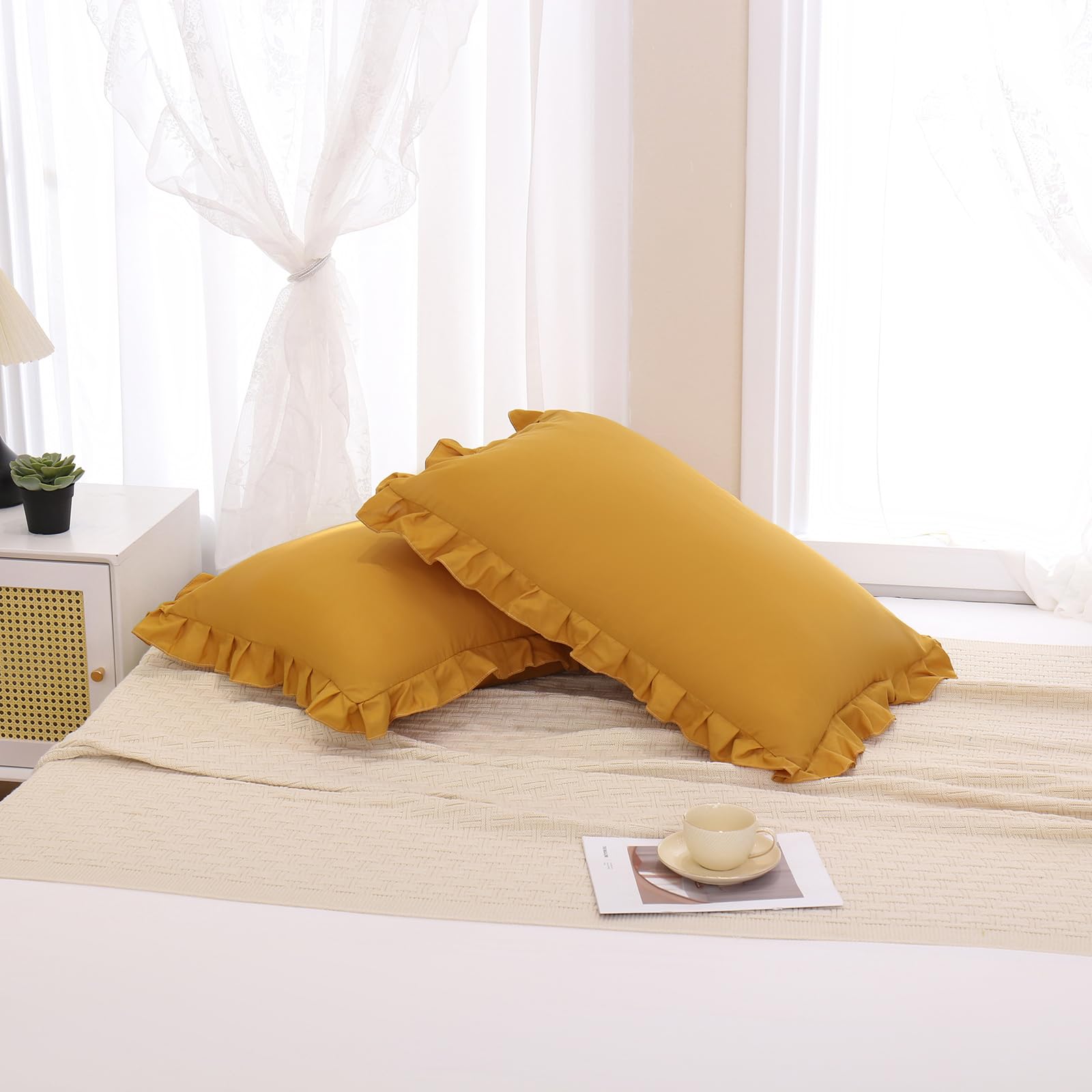 Merryword Mustard Yellow Ruffled Pillowcases Set of 2 - King Size Shabby Chic Pillow Shams with Fringe Design | Perfect for Bedroom Decor, Boho Home Accents & Cozy Farmhouse Style
