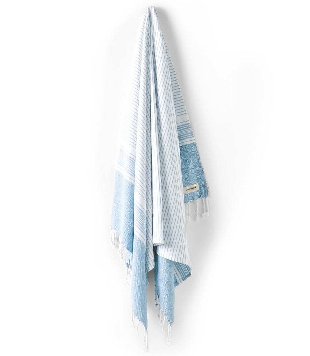 Linen House Mikonos Blue Hammam Beach Towel 100x180cm - Ultra Soft, Quick Dry, Large Turkish Towel for Pool, Beach, Yoga & Spa