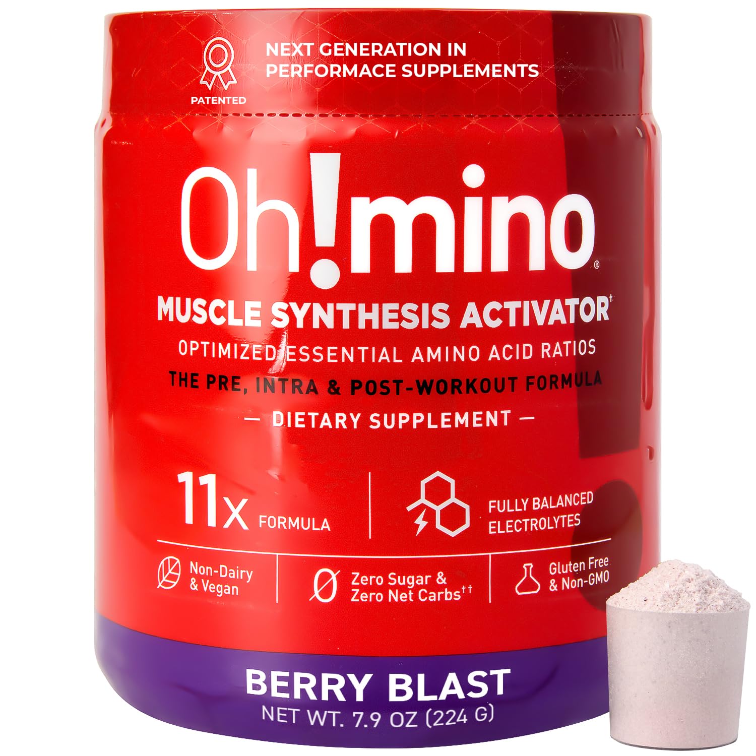 Oh!mino Amino Acids for Muscle Gain - BCAAs Powder Supplement for Pre & Post Workout - Vegan, Caffeinated, Zero Sugar & Net Carbs - 40 Servings (Berry Blast) - Ideal for Gym, Fitness & Recovery