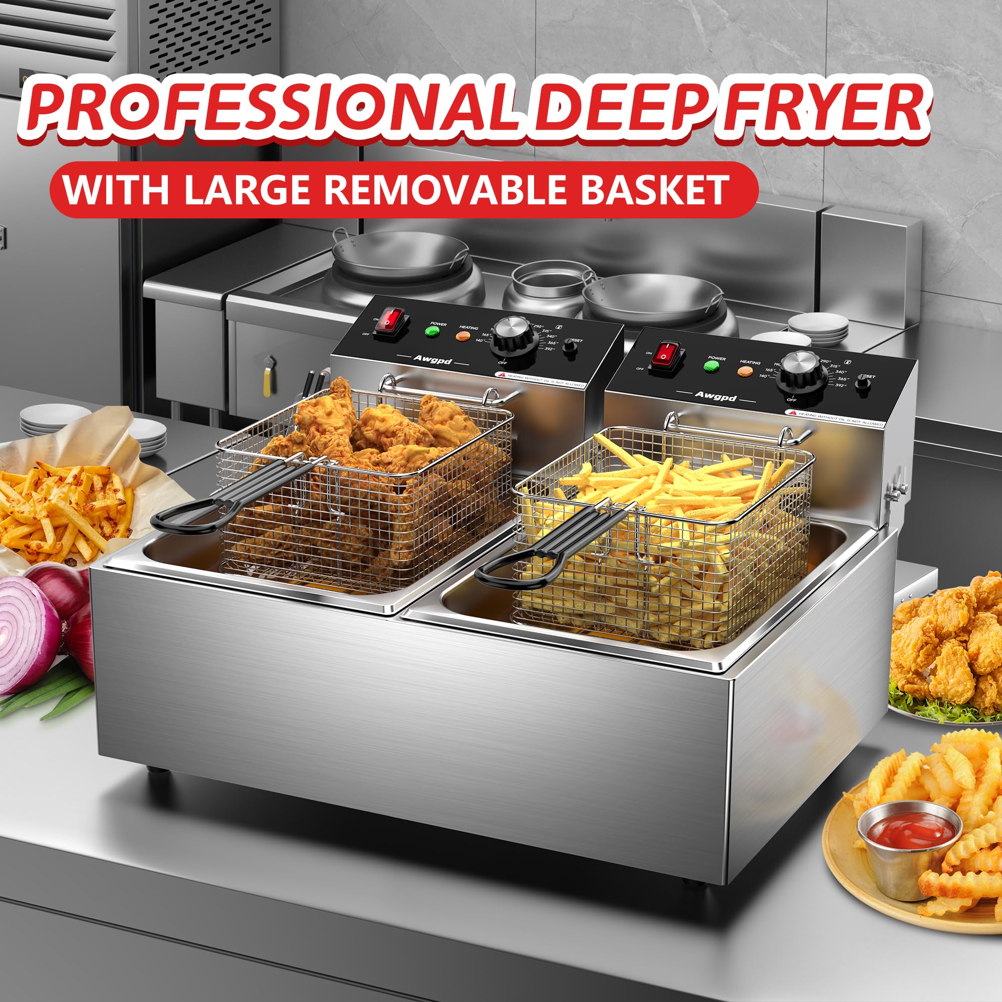 Commercial Stainless Steel Double Deep Fryer - 10L x 2 (21.3QT) Capacity with 2 Baskets - 3400W Electric Countertop Fryer for Restaurants, Food Trucks & Home Kitchens - Perfect for Frying Chicken, French Fries & Seafood (110V)