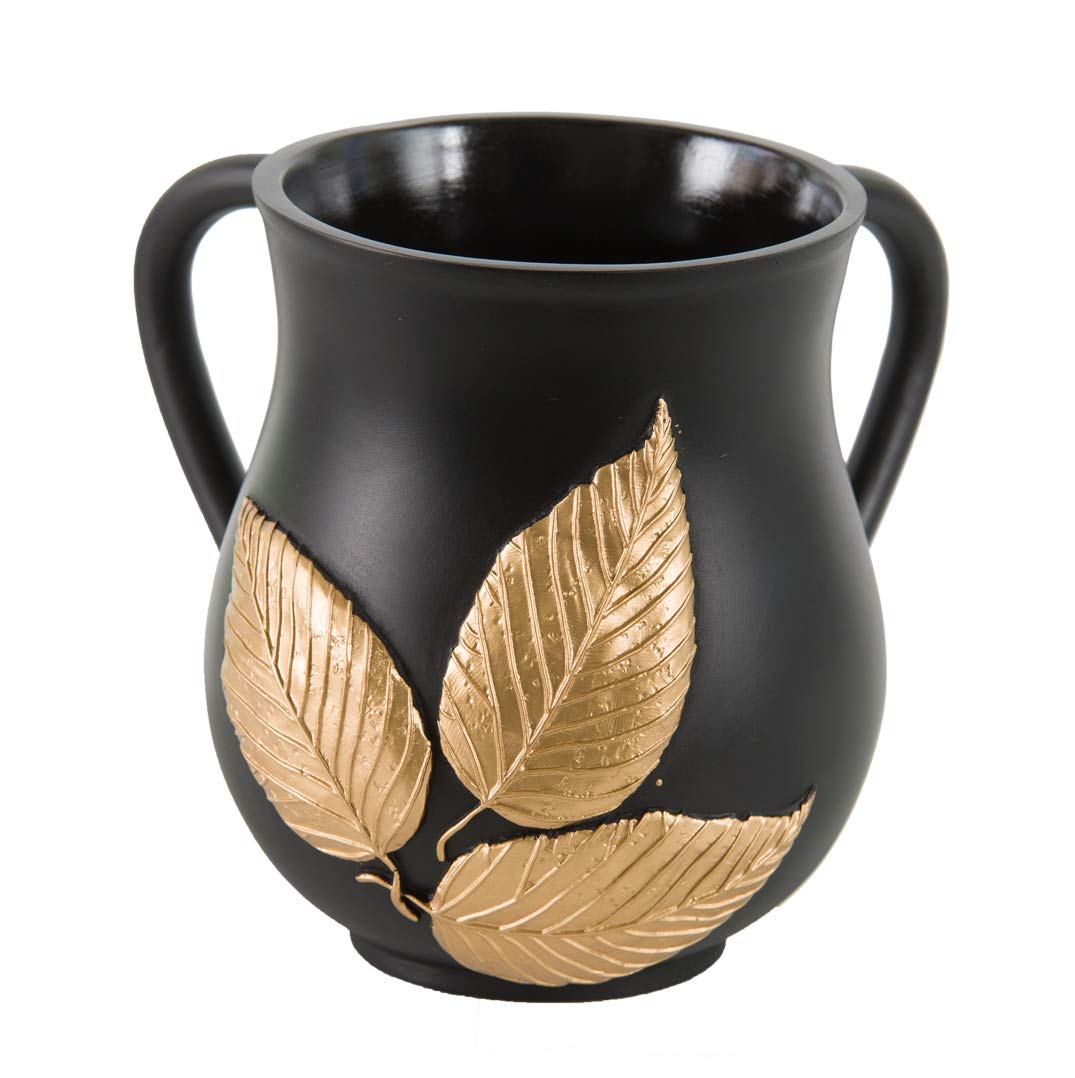 Premium Polyresin Washing Cup with Gold Leaf Design - 5.5 Inch Black Bathroom Decor for Spa, Vanity, or Luxury Home Decor