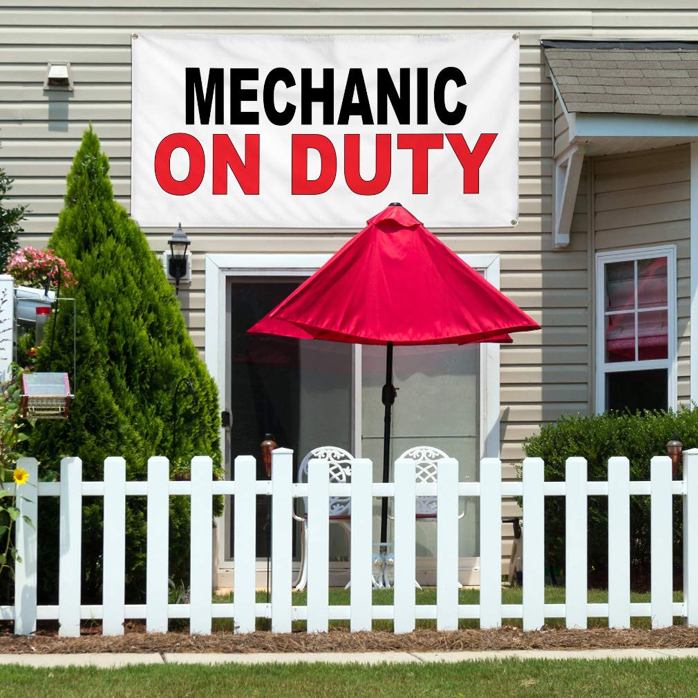 Vinyl Banner - Mechanic on Duty Sign (60x144 Inches) | Heavy-Duty, Weatherproof, Industrial Yard Sign with 10 Grommets | Black & Red Automotive Design for Shops, Garages & Outdoor Use
