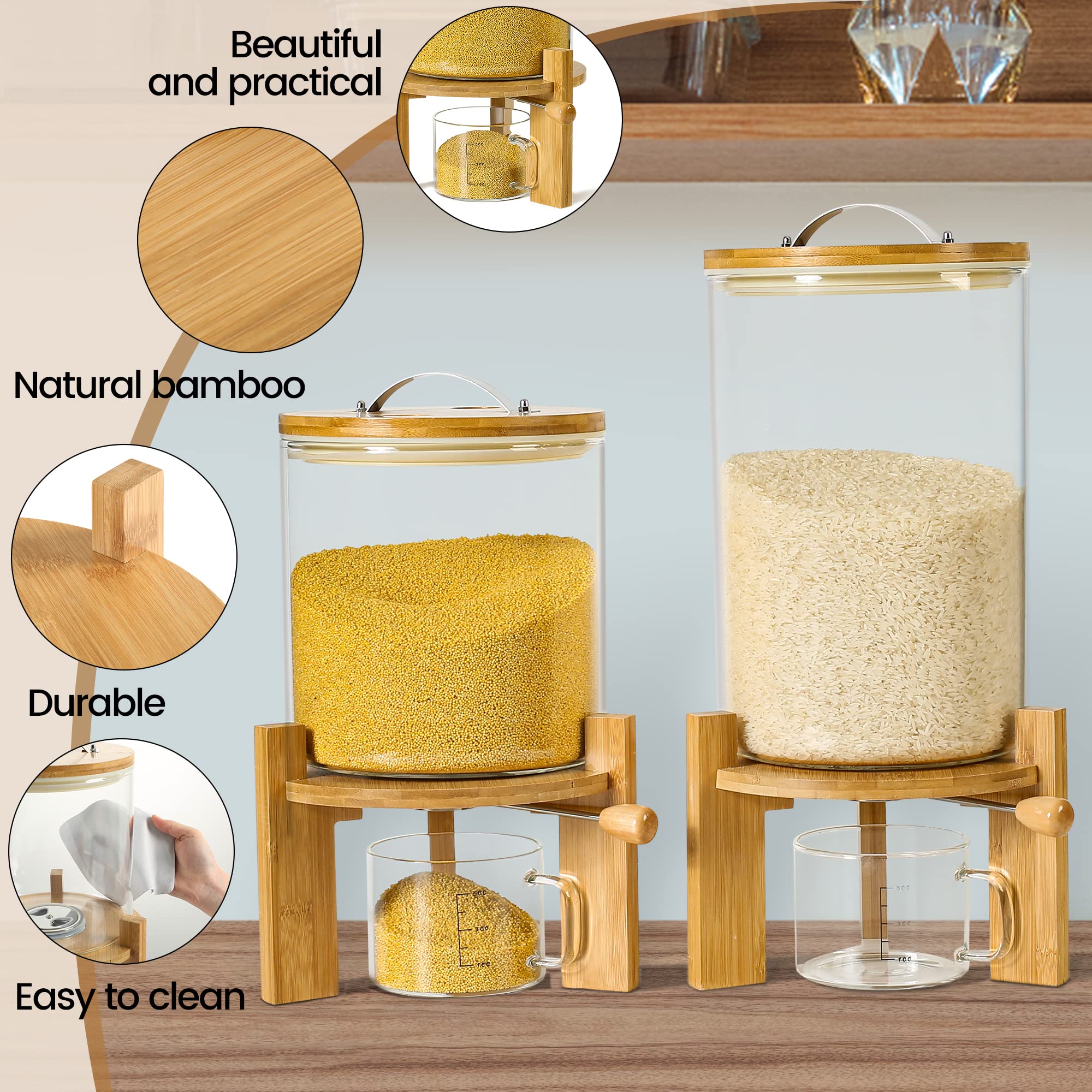 Premium 8L Glass Rice Dispenser & Food Storage Container with Airtight Lid & Wooden Stand - Ideal for Flour, Cereal, Grains - Perfect for Kitchen Organization & Pantry Storage - Great for Meal Prep, Baking & Bulk Food Storage