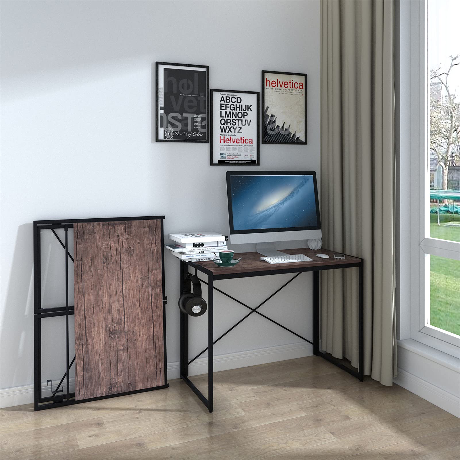 Modern Simple Style Folding Computer Desk - Durable Brown PC Laptop Desk with Strong Load Capacity - Stable Writing Desk for Home Office & Study Room - Bronze Finish Workspace Solution