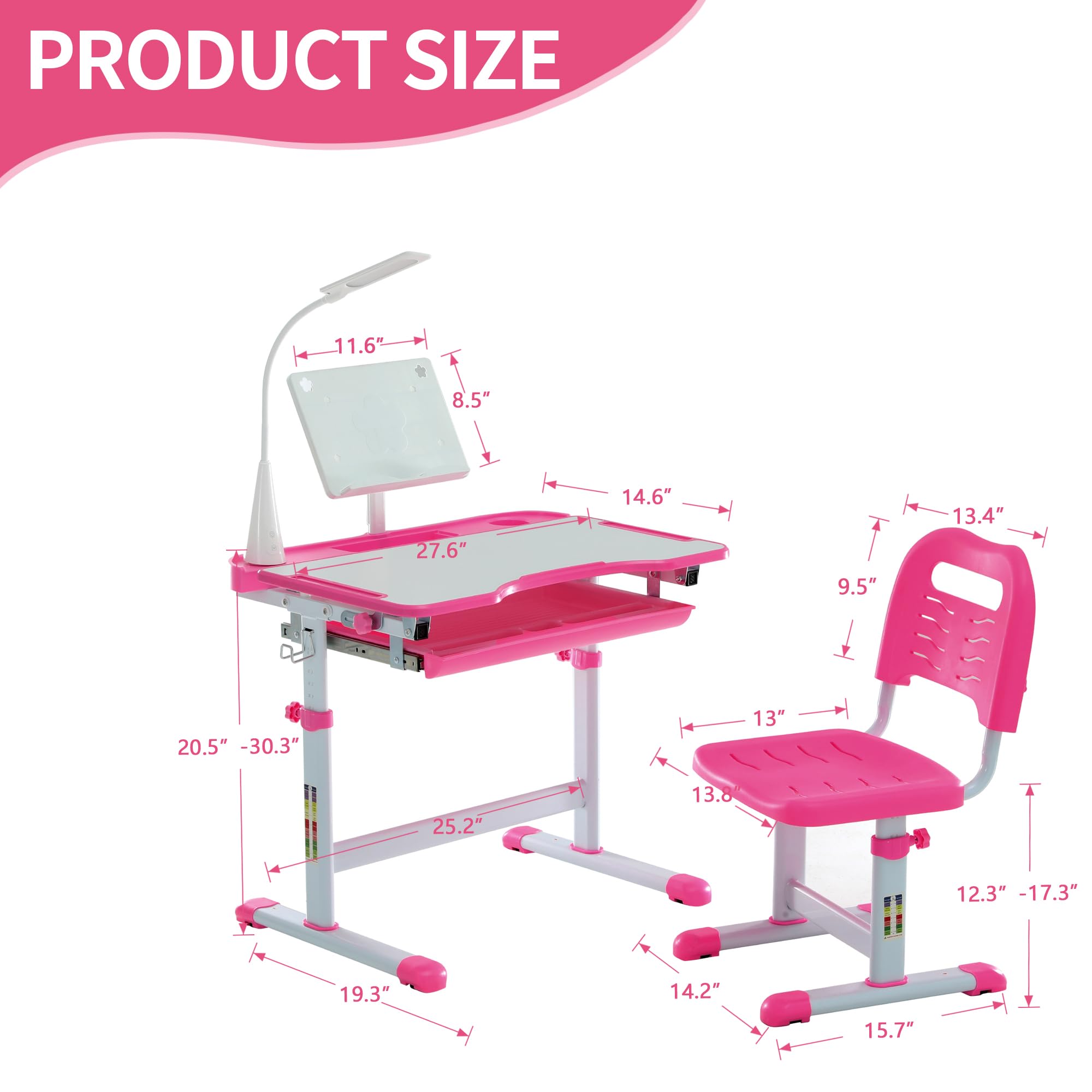 Diroan Adjustable Kids Study Desk and Chair Set - Ergonomic Height Adjustable Children's Desk with Tiltable Desktop, Book Stand, LED Light, Storage Drawer & Metal Hooks - Perfect for Homework, Reading & Online Learning (Pink)