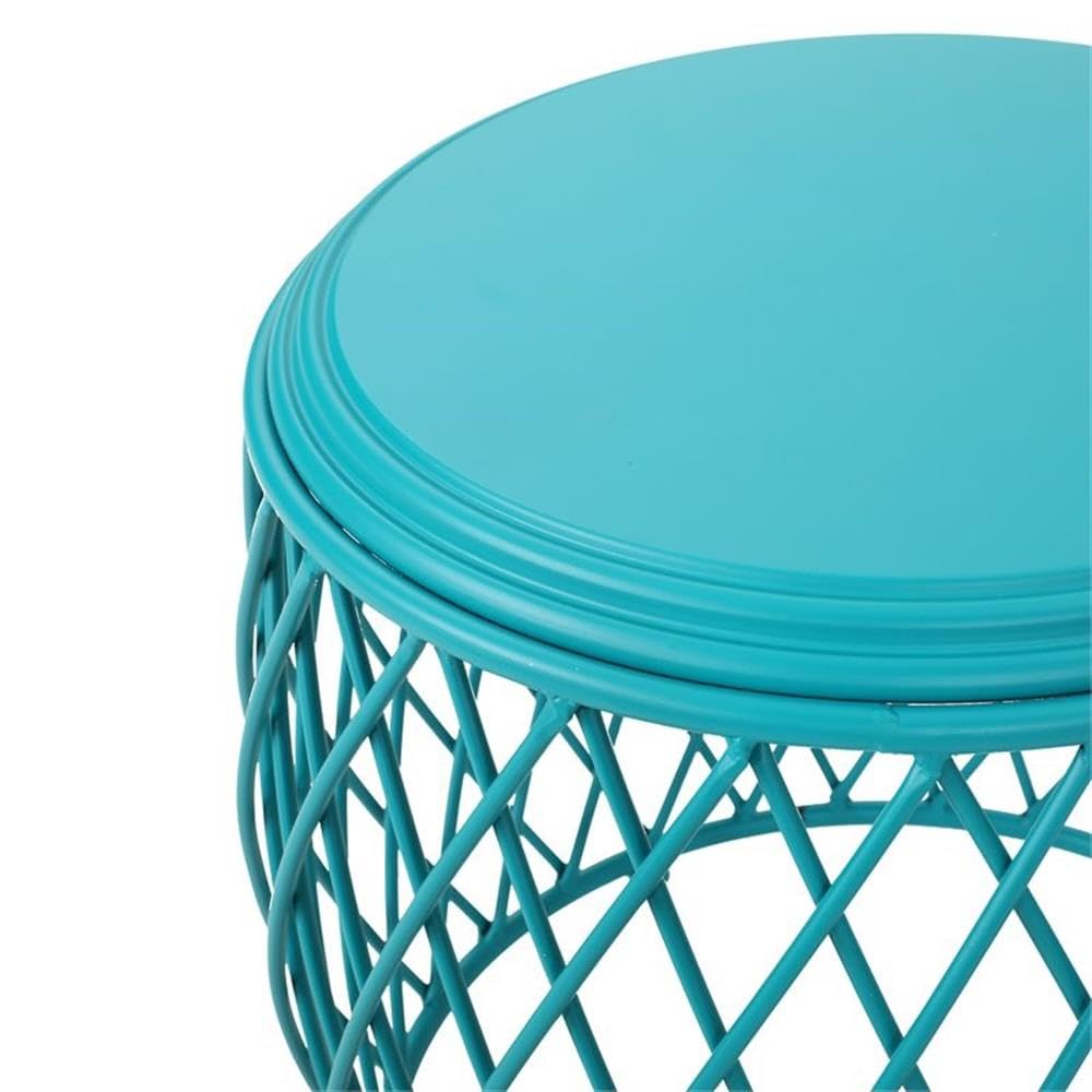 Noble House Bryony 19-Inch Round Lattice Iron Indoor Side Table in Matte Teal Blue - Perfect for Living Room, Bedroom, or Office Decor