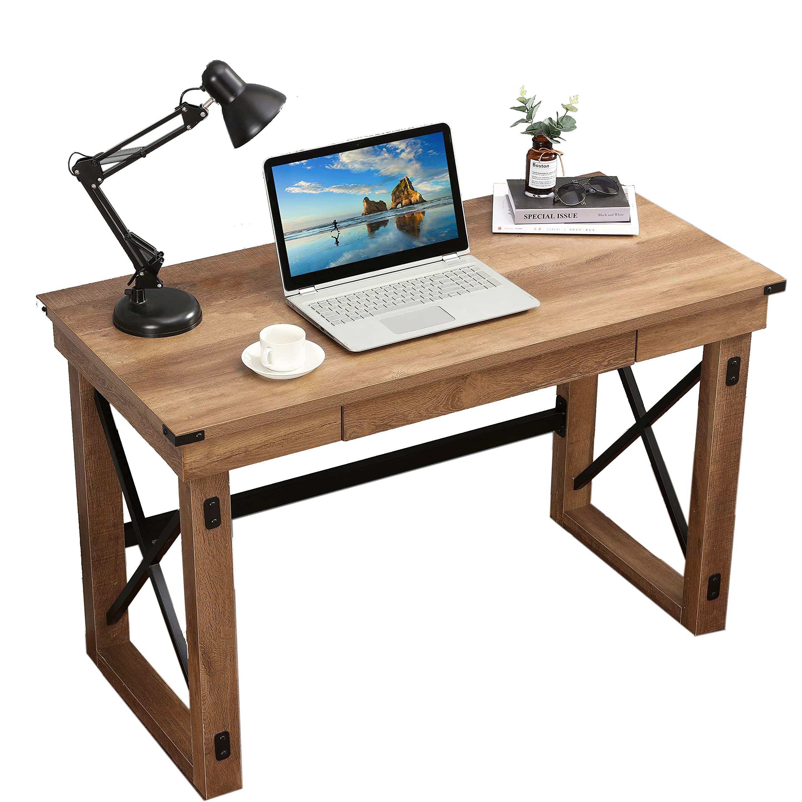 LOKATSE HOME Rustic Modern Computer Desk - Sturdy Wood & Metal Writing Table with Drawer for Home Office | Perfect Workstation for Small Spaces, Study Rooms & Remote Work