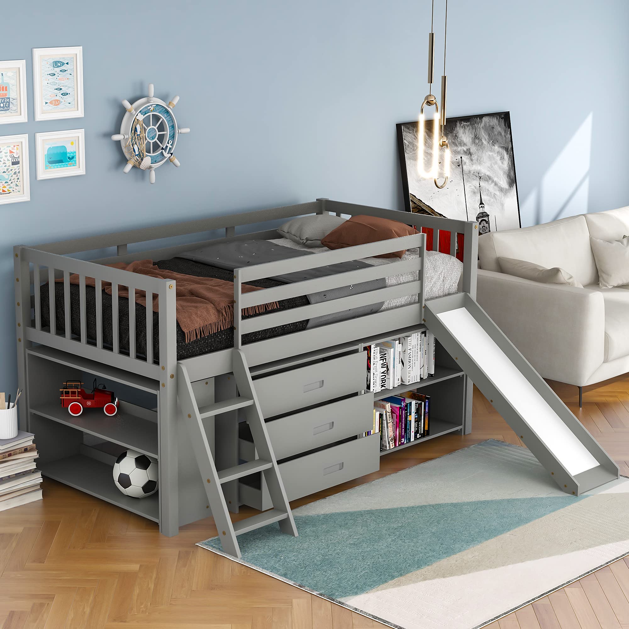 Solid Wood Low Loft Bed for Kids - Twin Size with Convertible Slide & Ladder, Wooden Loft Bed with Built-in Bookcase & 3-Tier Drawers, Space-Saving Design - Perfect for Small Bedrooms, Dorm Rooms & Kids' Play Areas