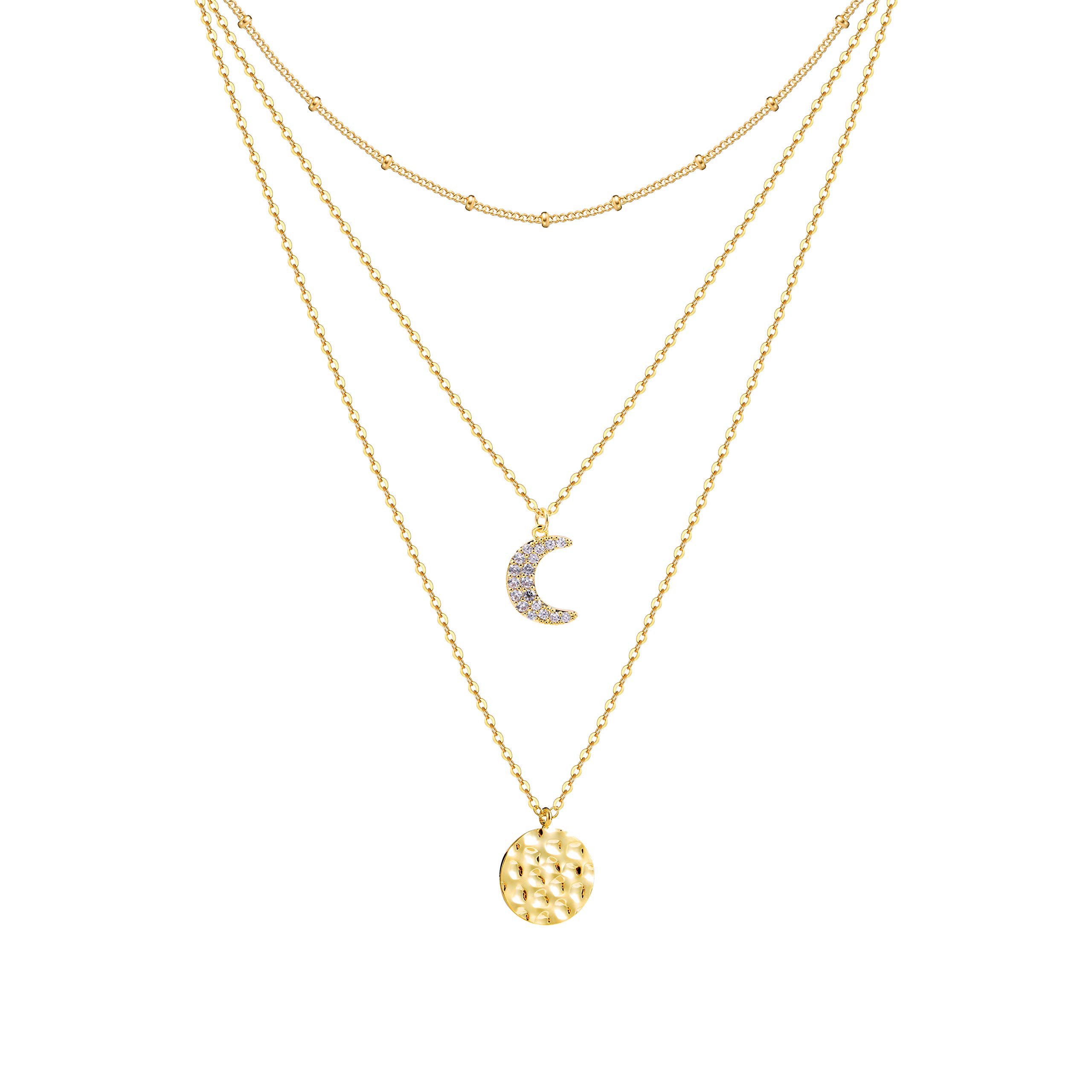 Elegant S.J JEWELRY Women's 14K Gold Plated/Rose Gold/Silver Plated Handmade Layered Necklace Set - Full Moon & Star Pendant Delicate Jewelry for Everyday Wear & Special Occasions
