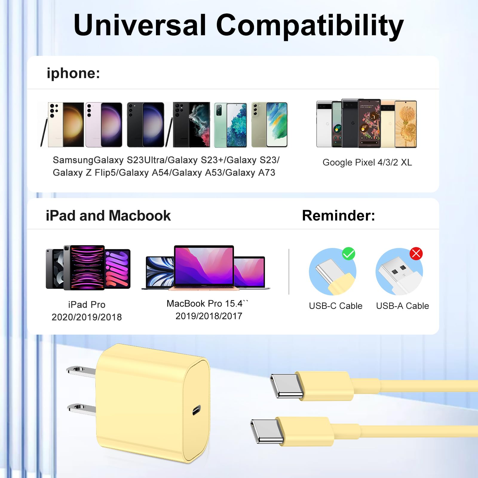 Susnwere 3-Pack 20W Fast USB C Charger with 10ft Cable - Compatible with iPhone 16/15/Pro/Pro Max, iPad Pro, AirPods & Samsung - Quick Charging Wall Adapter for Home, Office & Travel